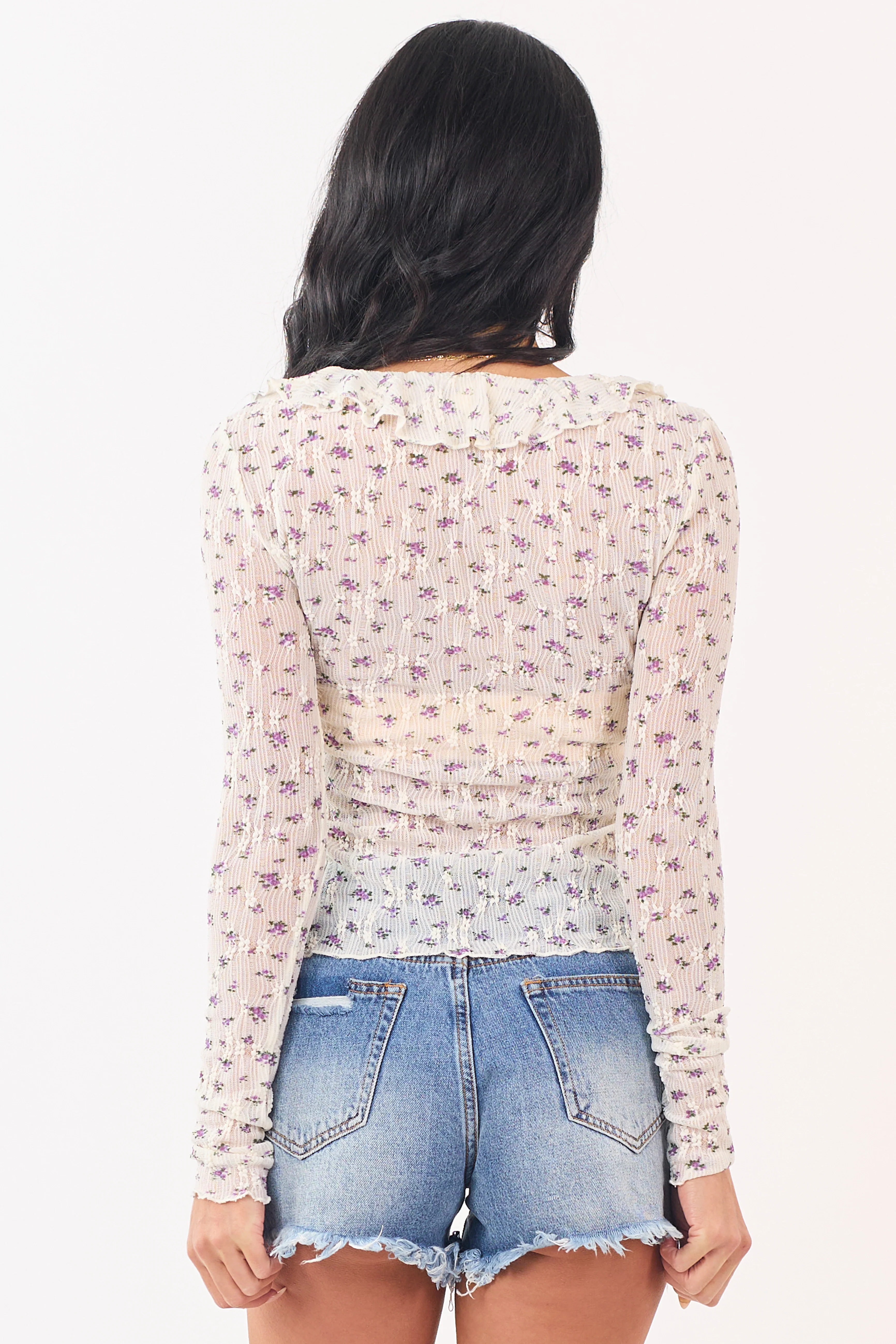 Cream Sheer Floral Lace Front Tie Ruffled Top - Image 4
