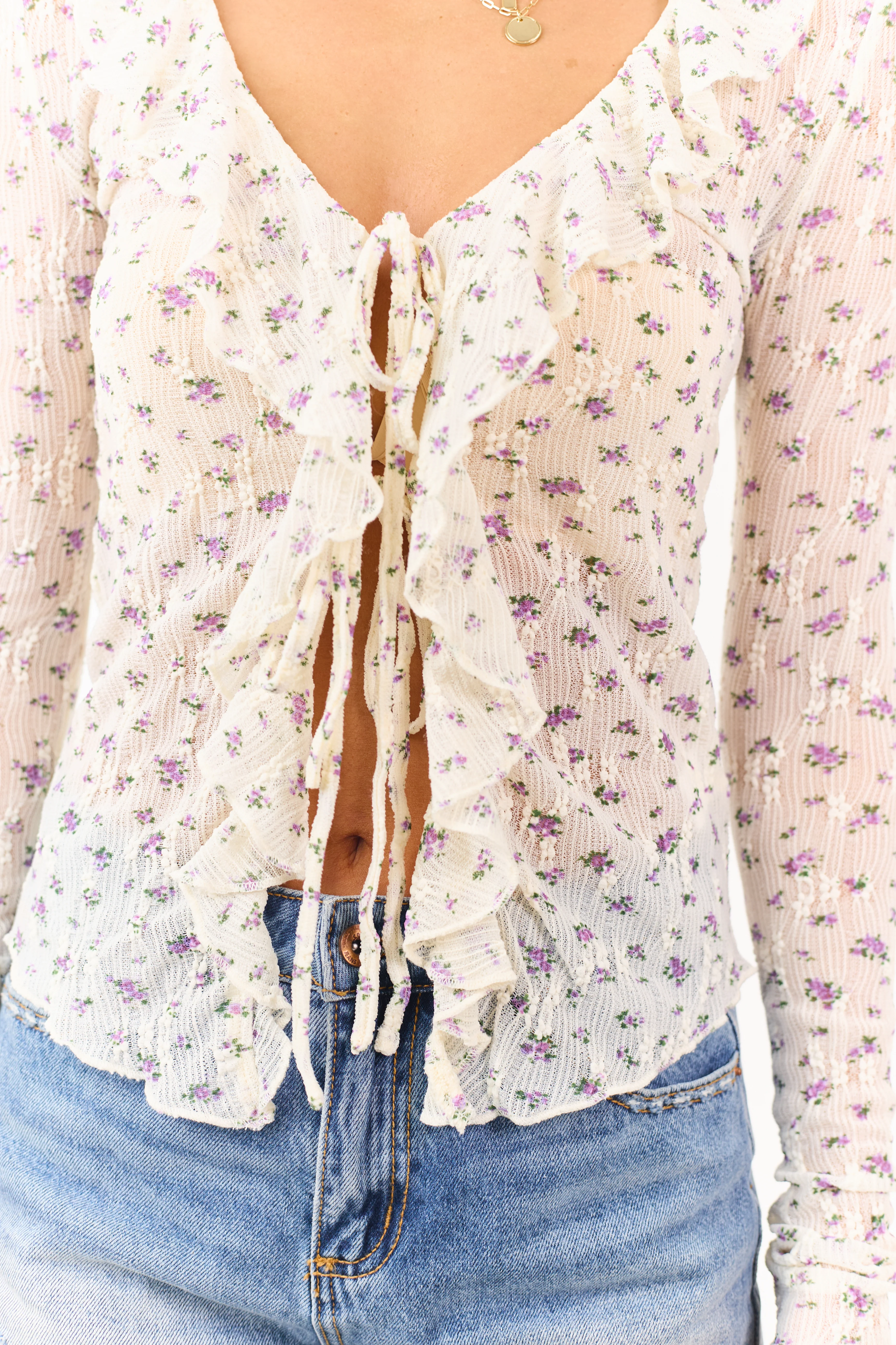 Cream Sheer Floral Lace Front Tie Ruffled Top - Image 5