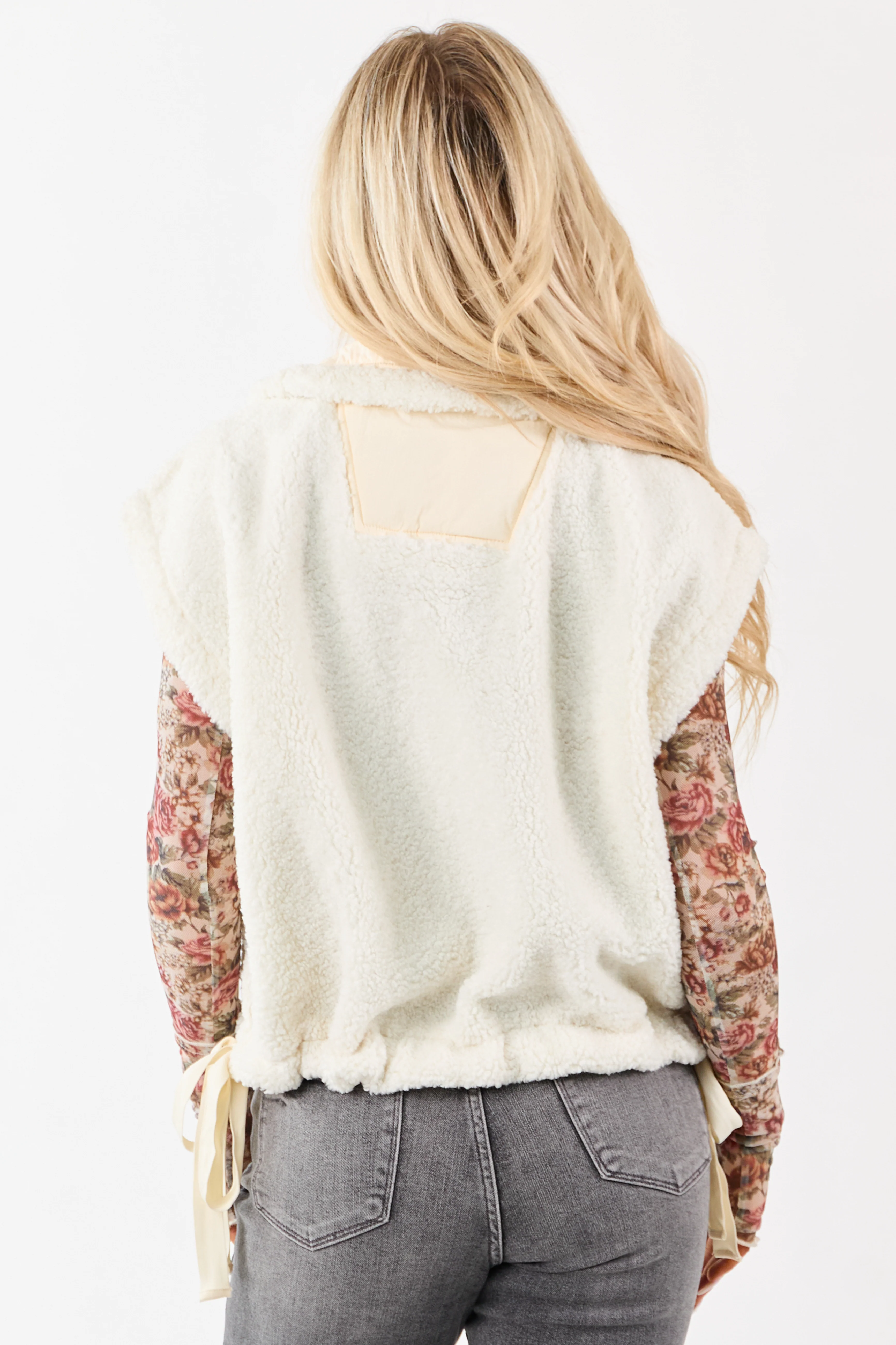 Cream Sherpa Contrast Button Down Side Tie Vest - Image 7
