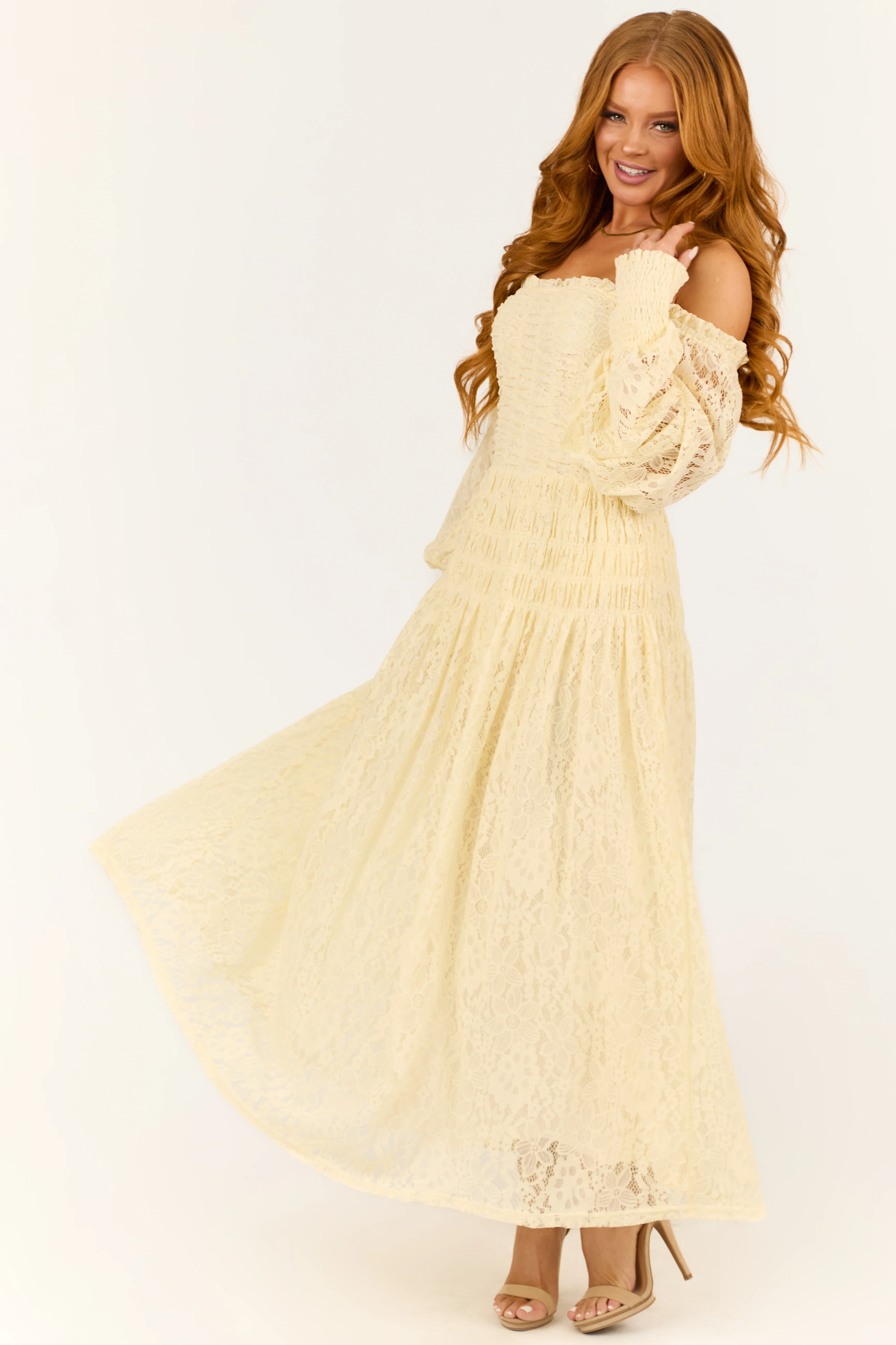 Cream Smocked Bubble Sleeve Lace Maxi Dress - Image 6