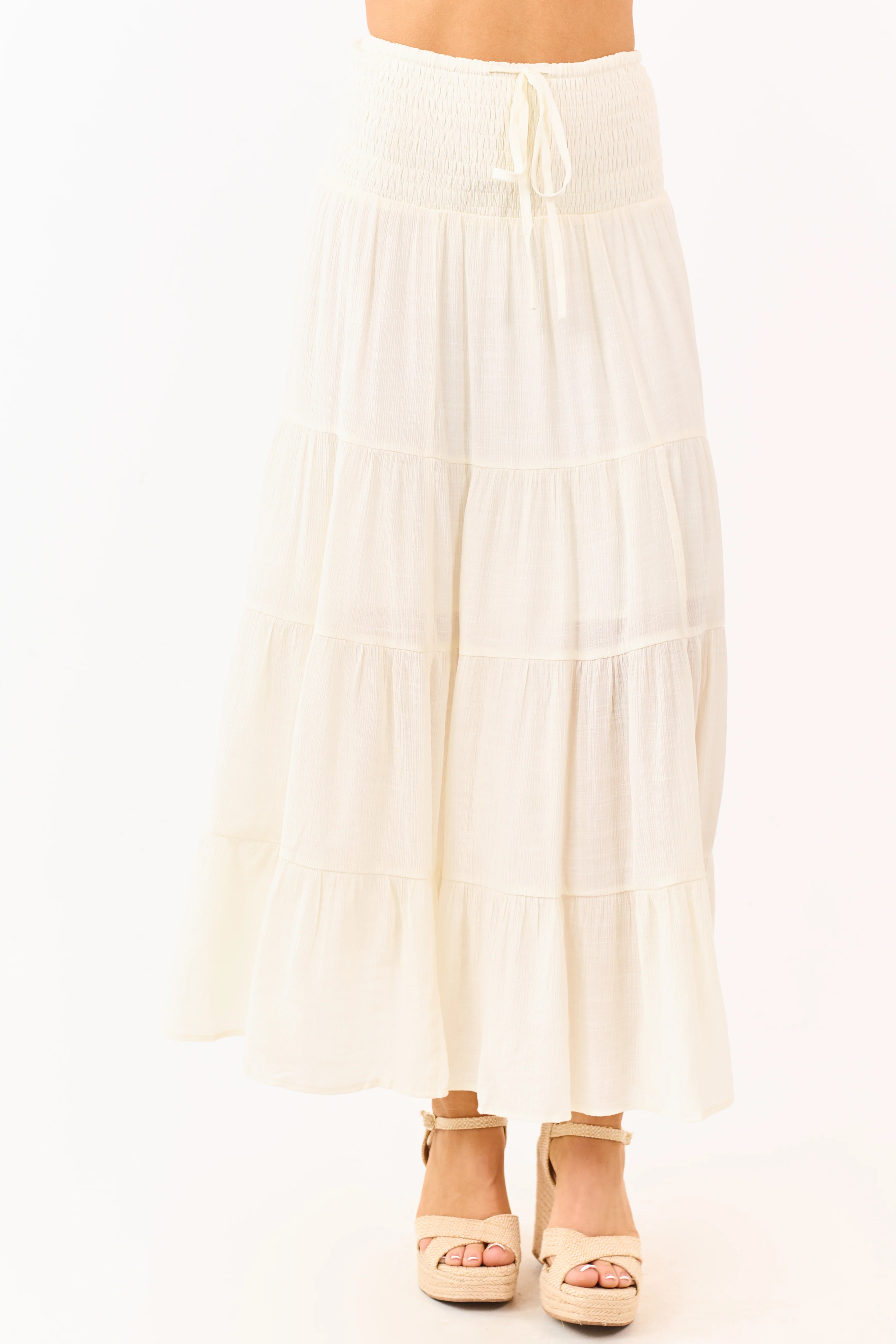 Cream Smocked Waist Tiered Flowy Maxi Skirt - Image 2