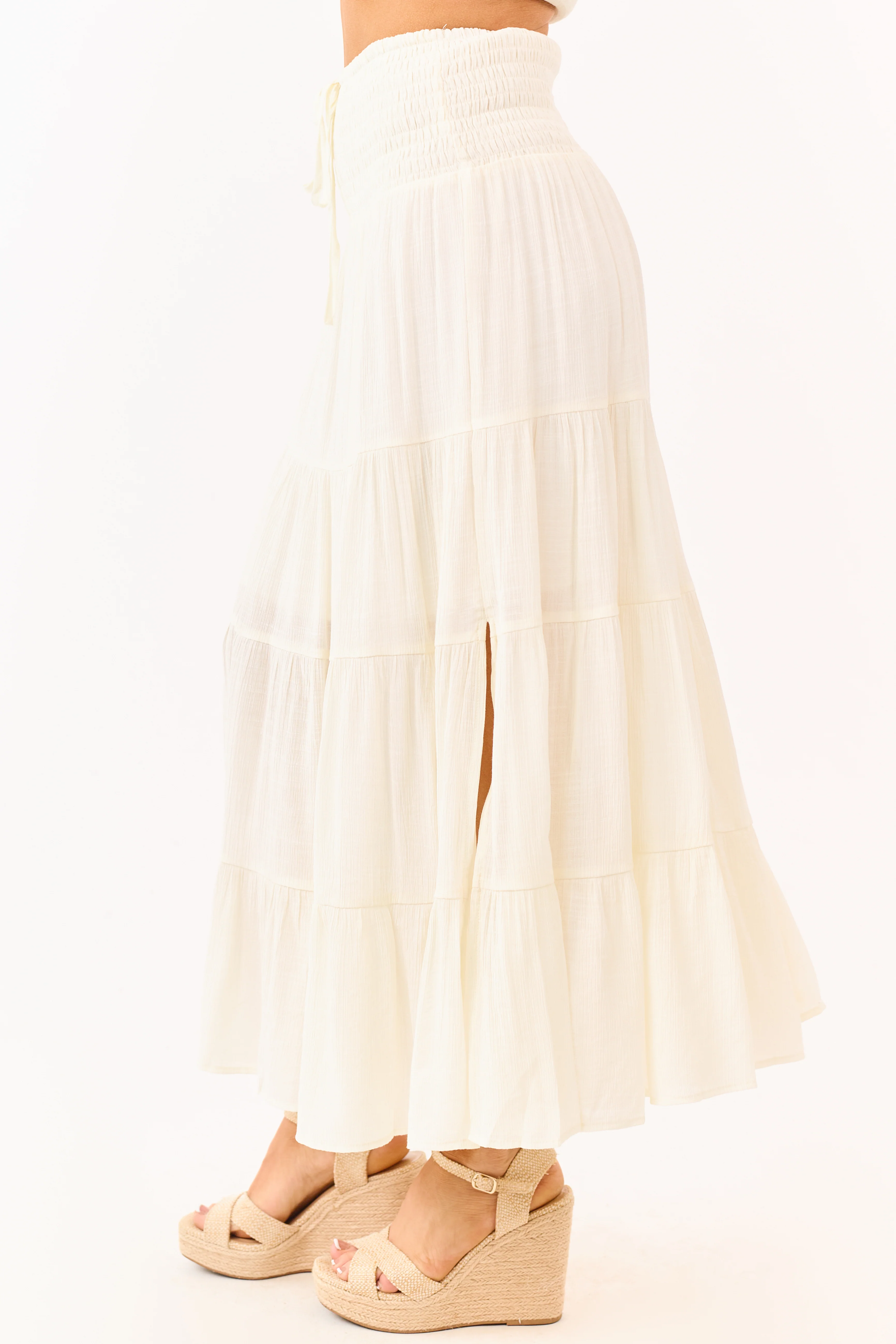 Cream Smocked Waist Tiered Flowy Maxi Skirt - Image 3