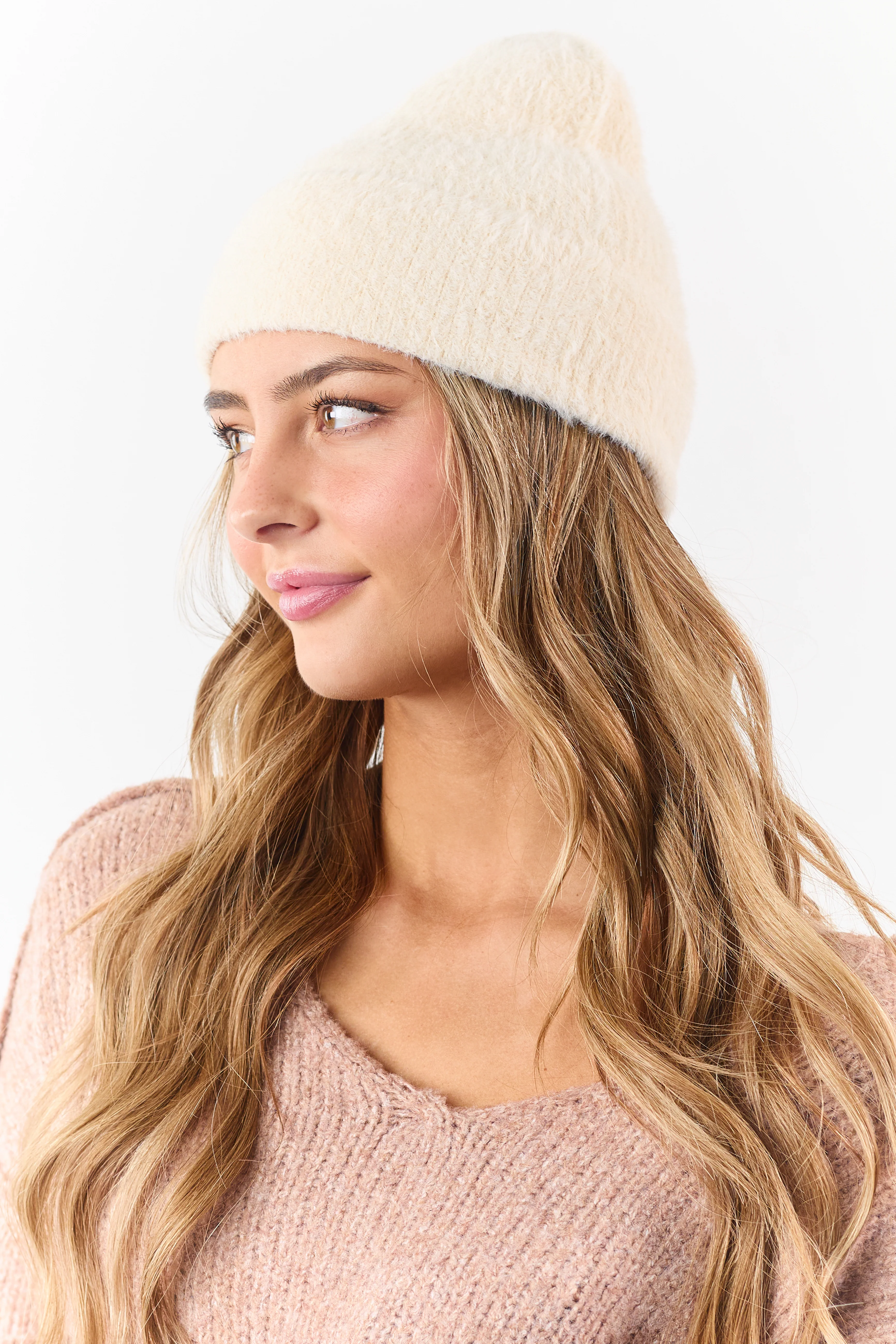 Cream Soft Fuzzy Knit Beanie - Image 2
