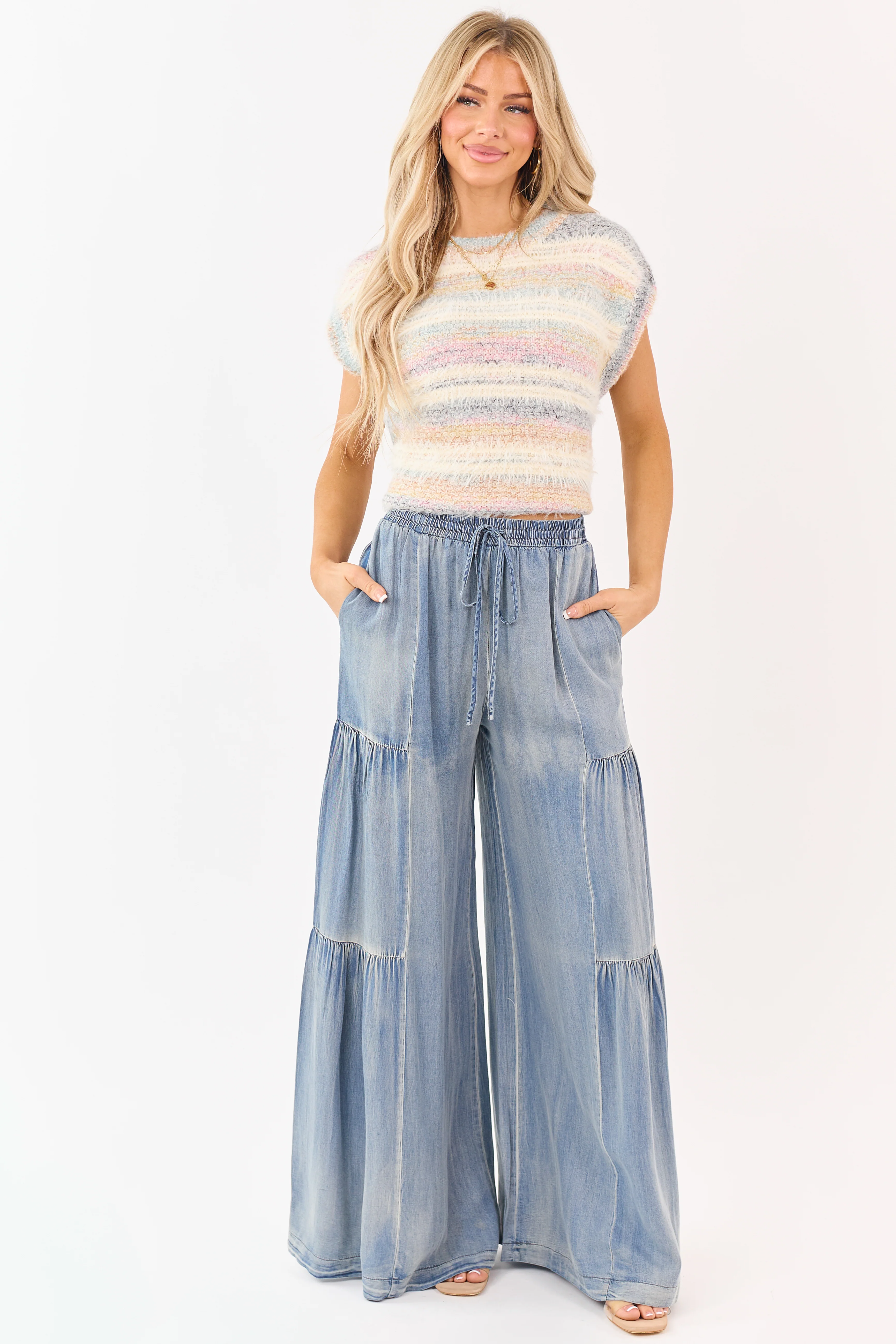 Cream Striped Fuzzy Short Sleeve Sweater Top - Image 3