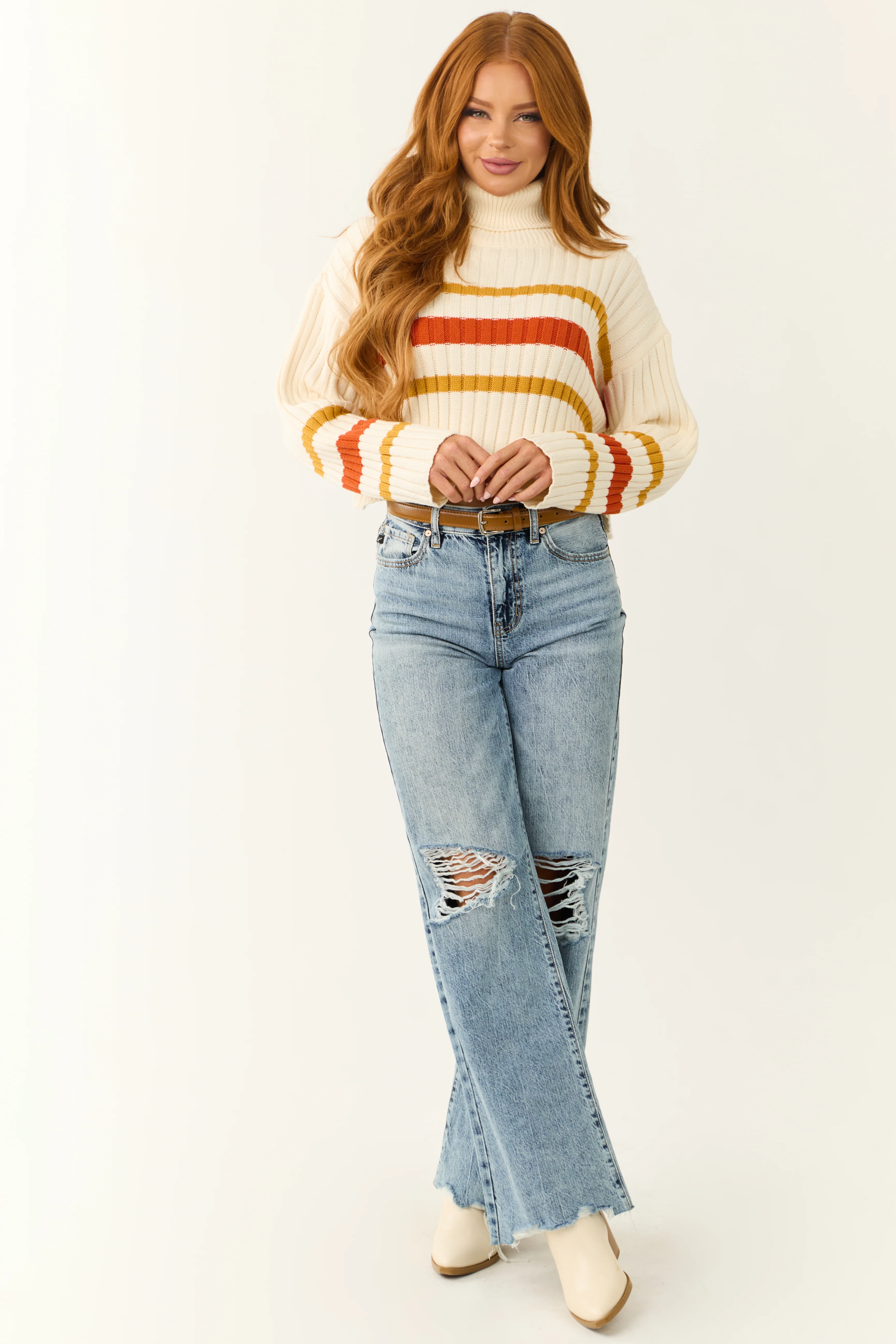 Cream Striped Turtleneck Cropped Sweater - Image 3
