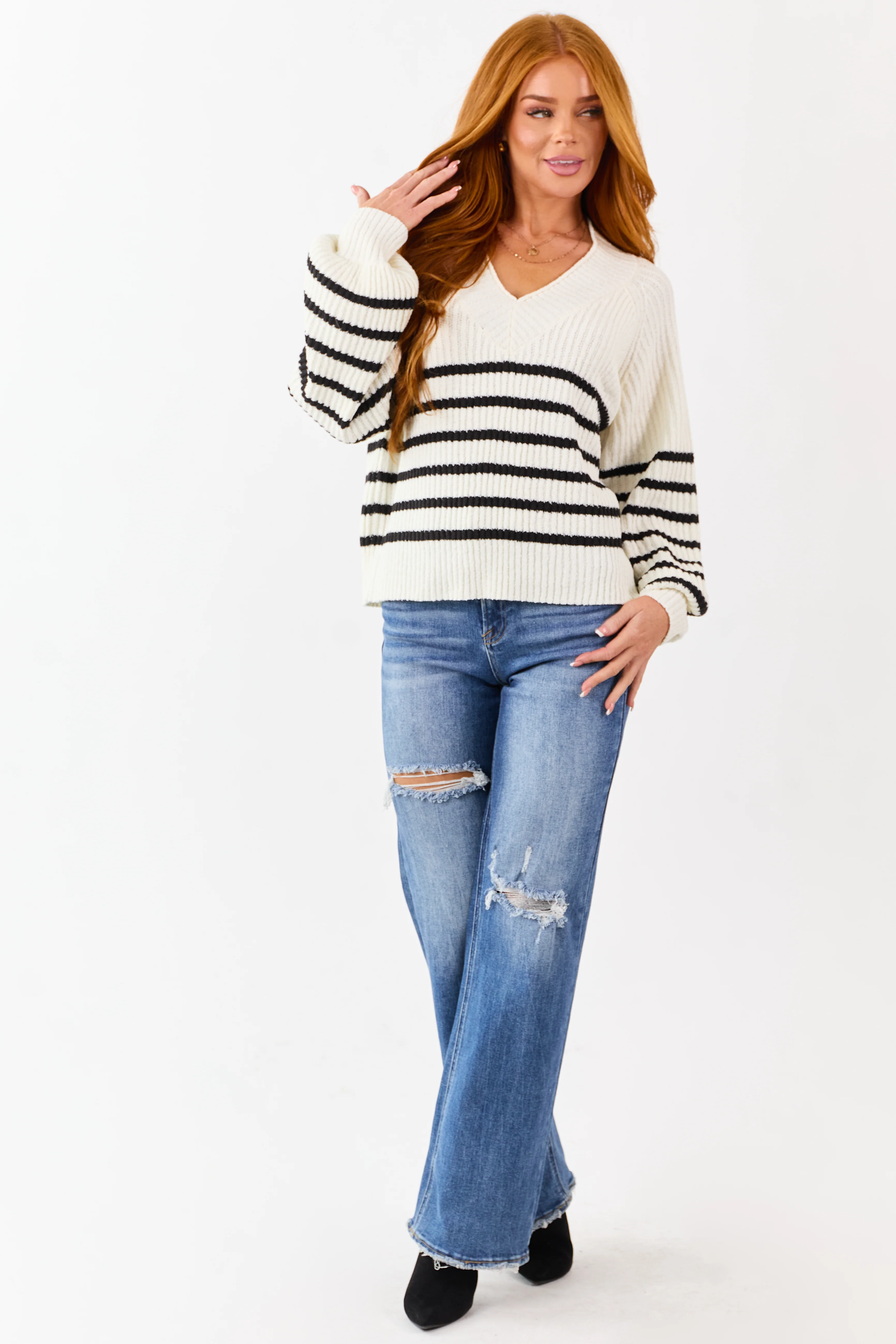 Cream Striped V-Neck Long Puff Sleeve Ribbed Sweater - Image 3