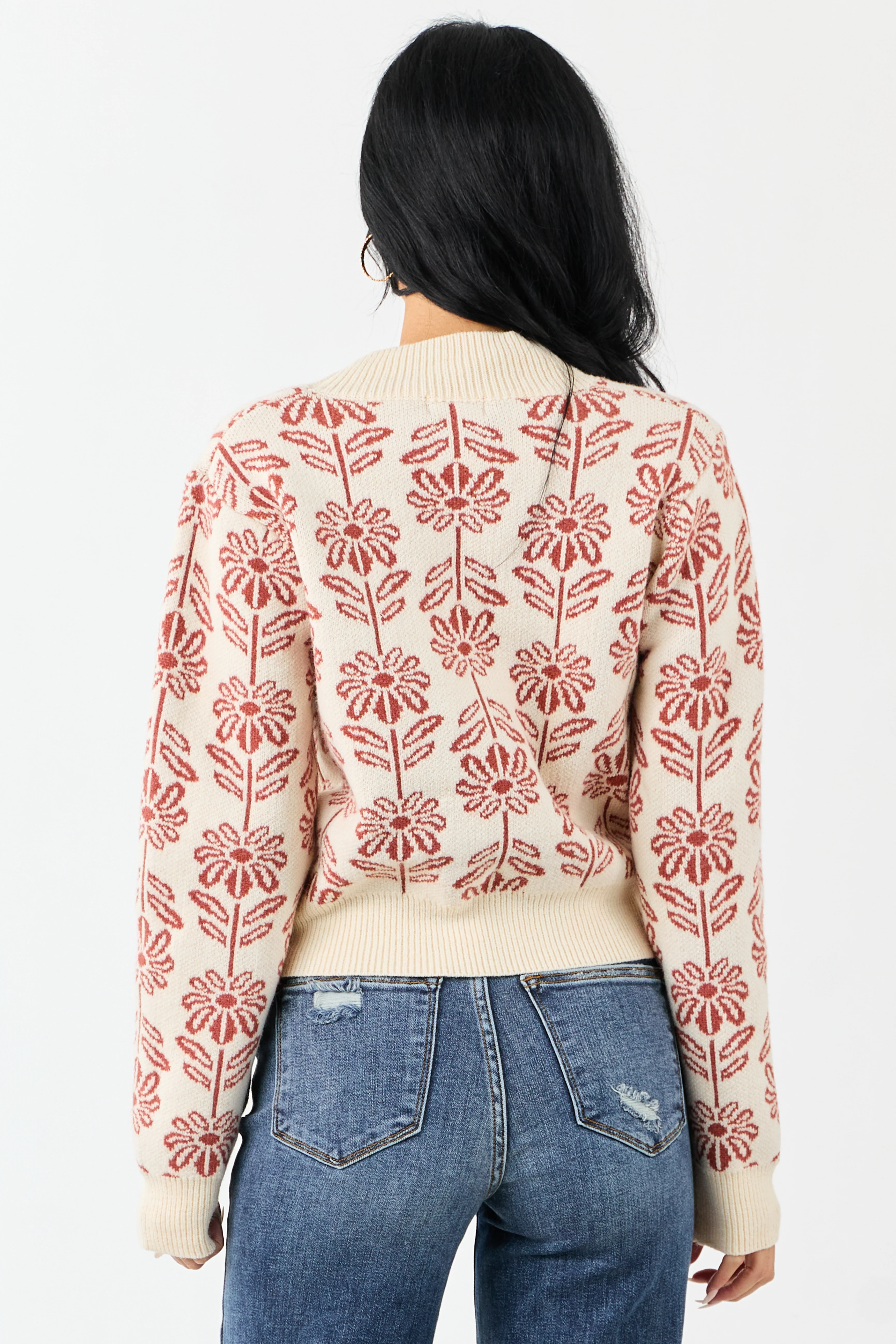 Cream and Tawny Floral Mock Neck Knit Sweater - Image 6