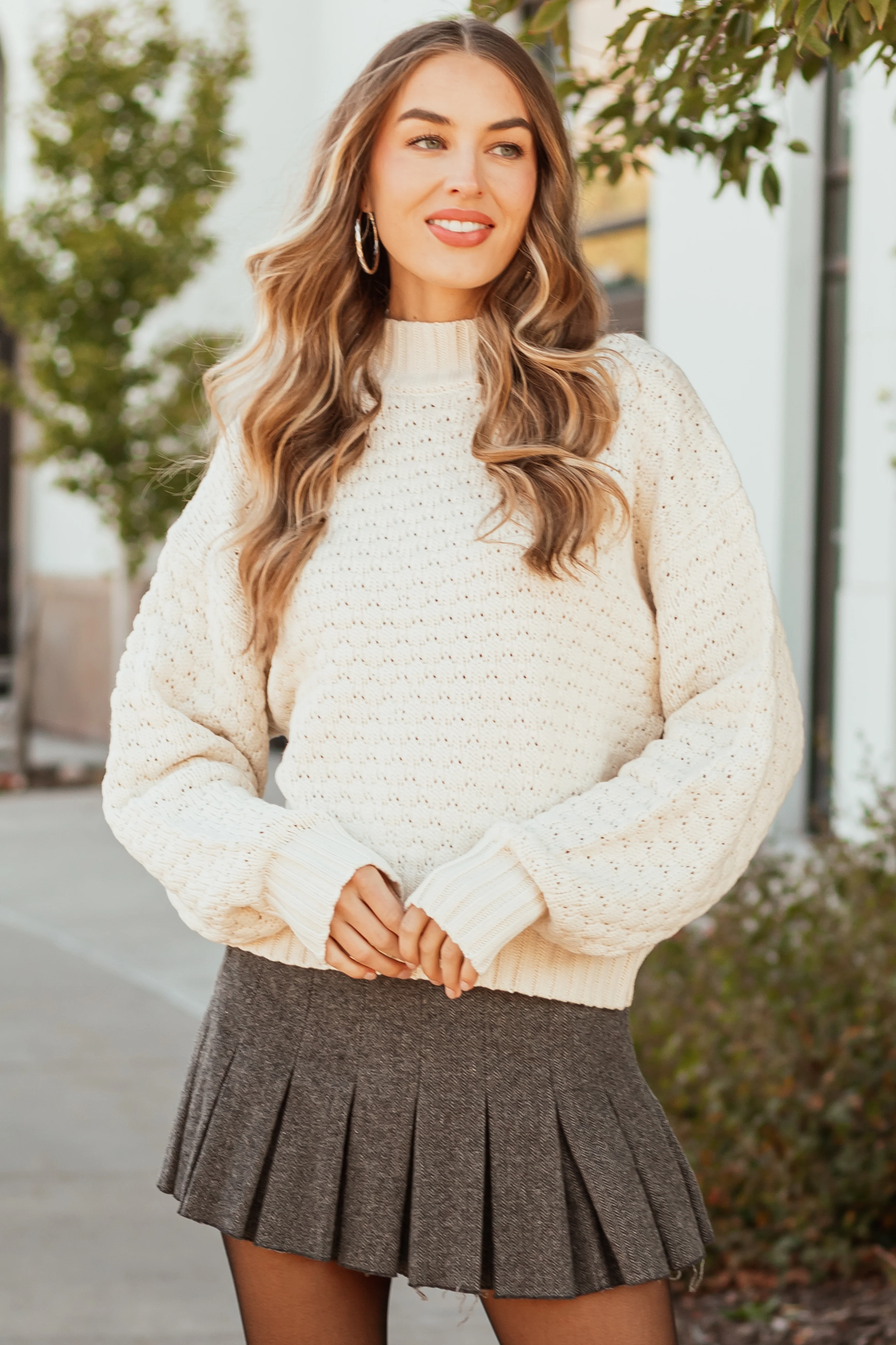 Cream Textured Knit High Neck Sweater - Image 2