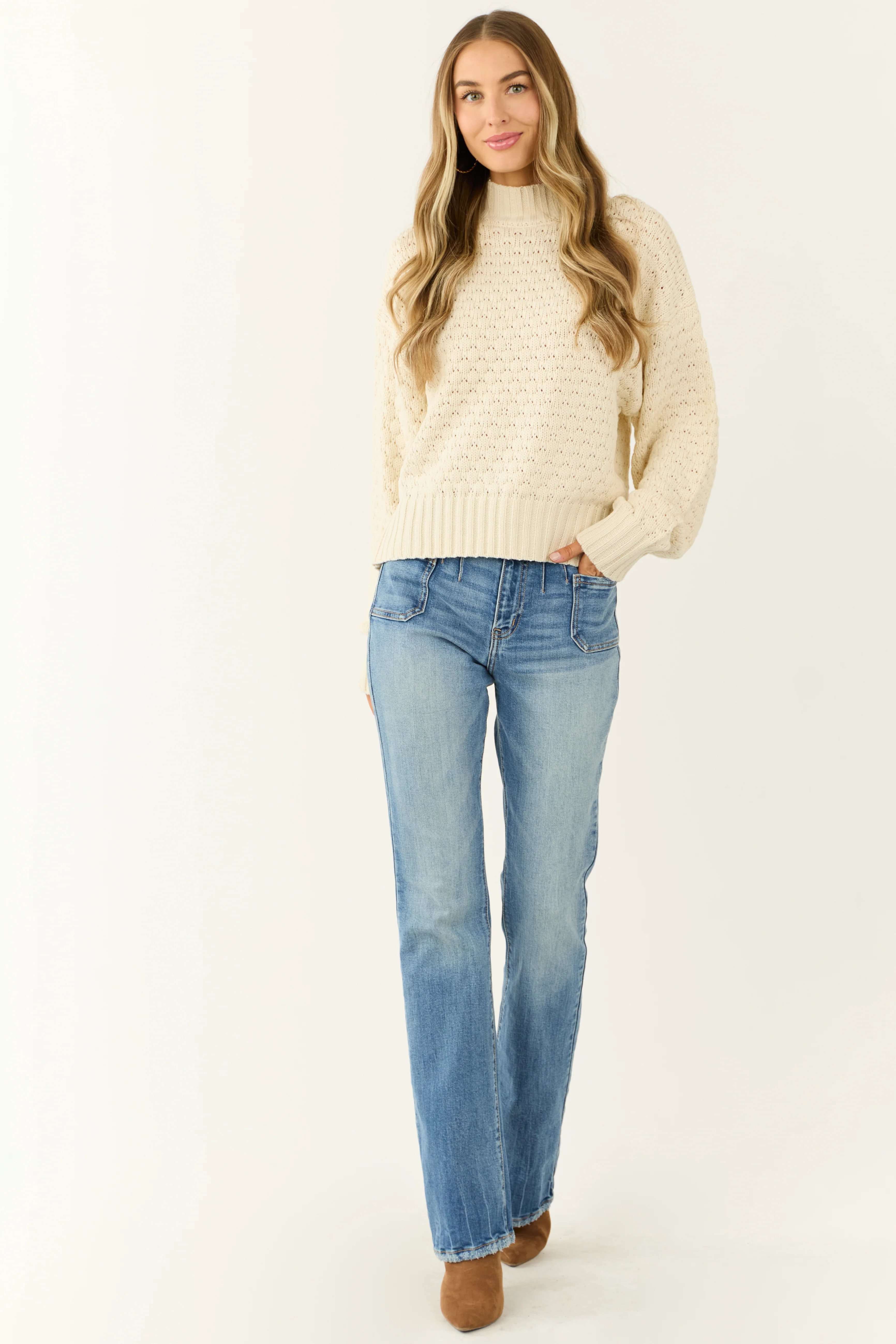 Cream Textured Knit High Neck Sweater - Image 3