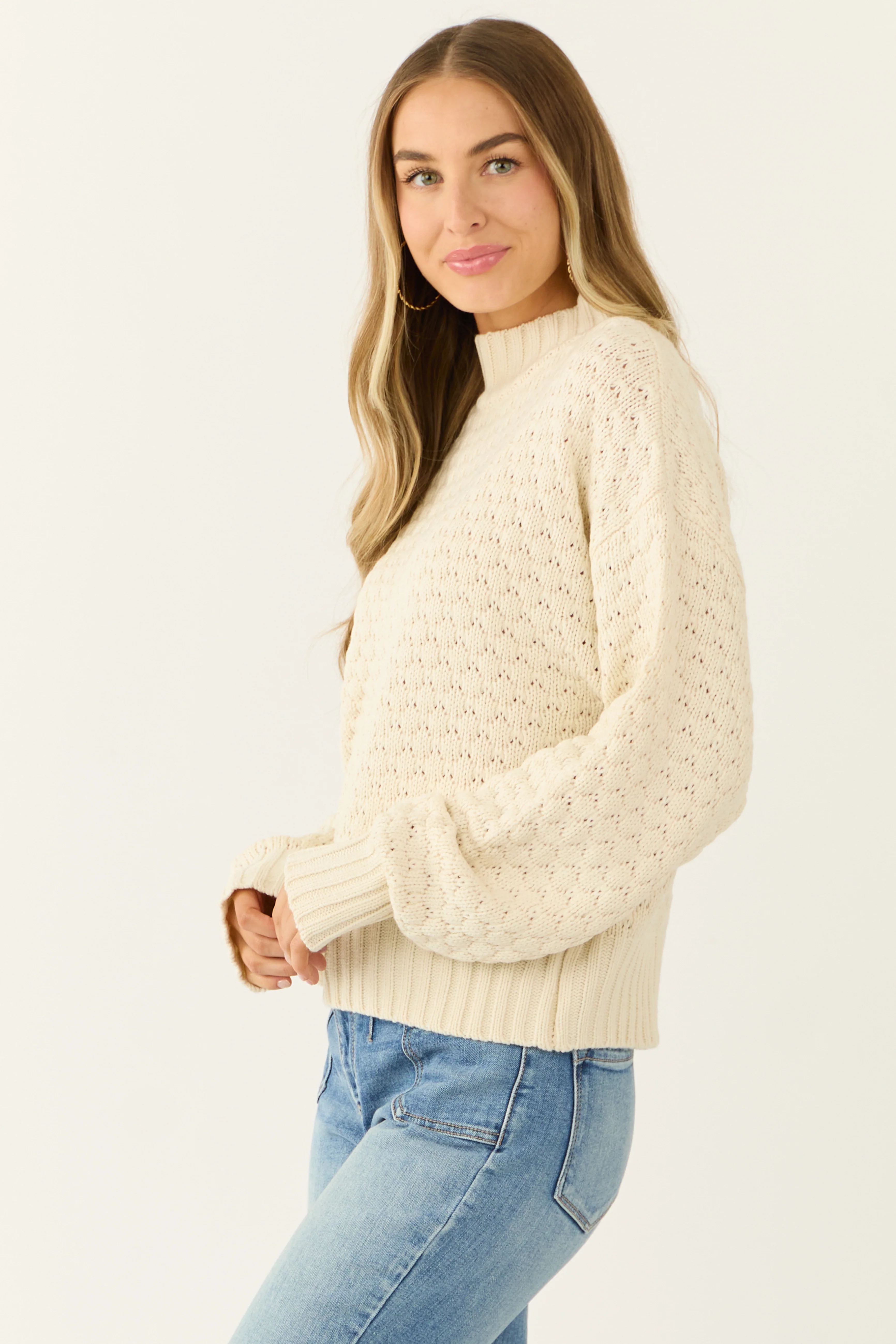 Cream Textured Knit High Neck Sweater - Image 5