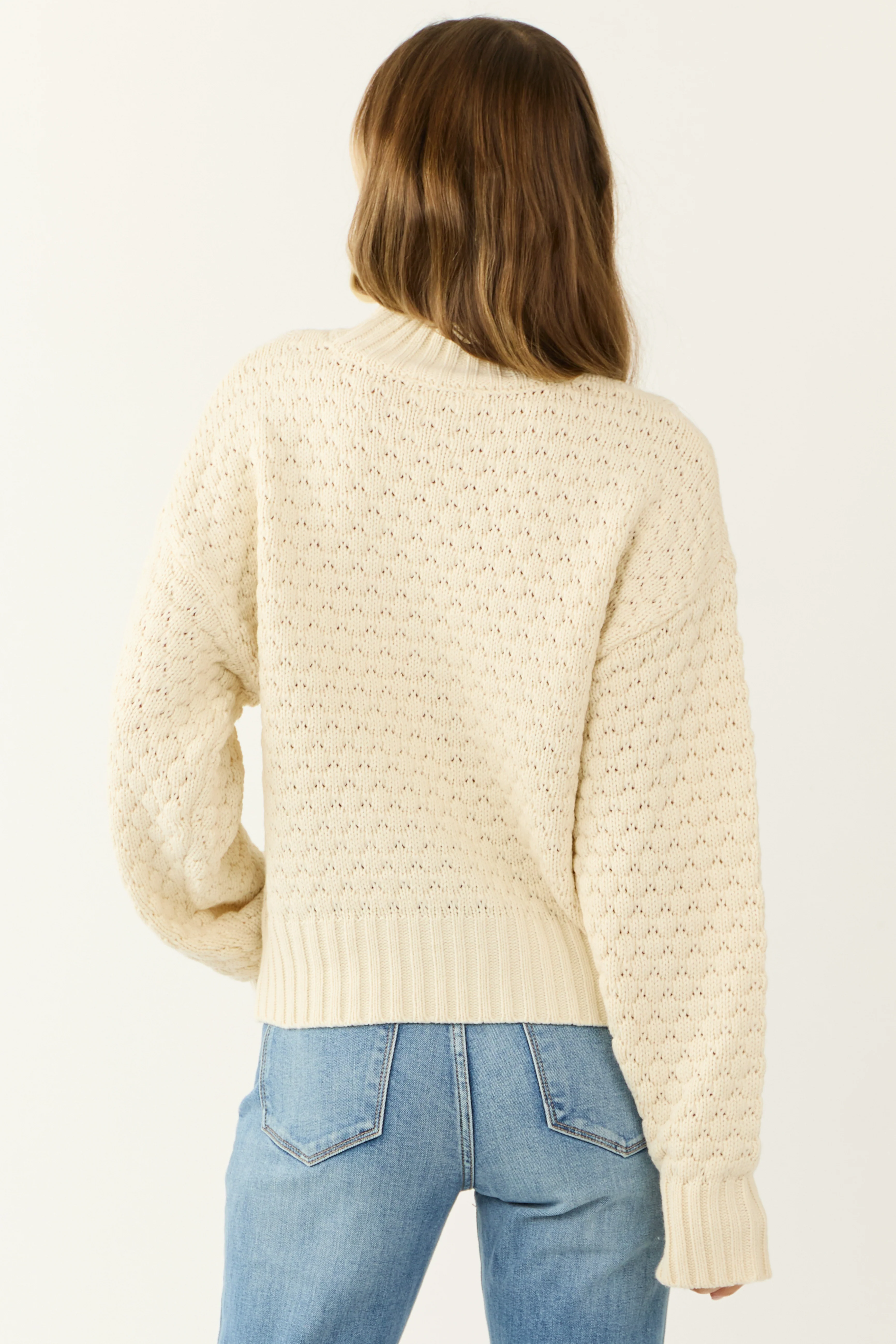 Cream Textured Knit High Neck Sweater - Image 6