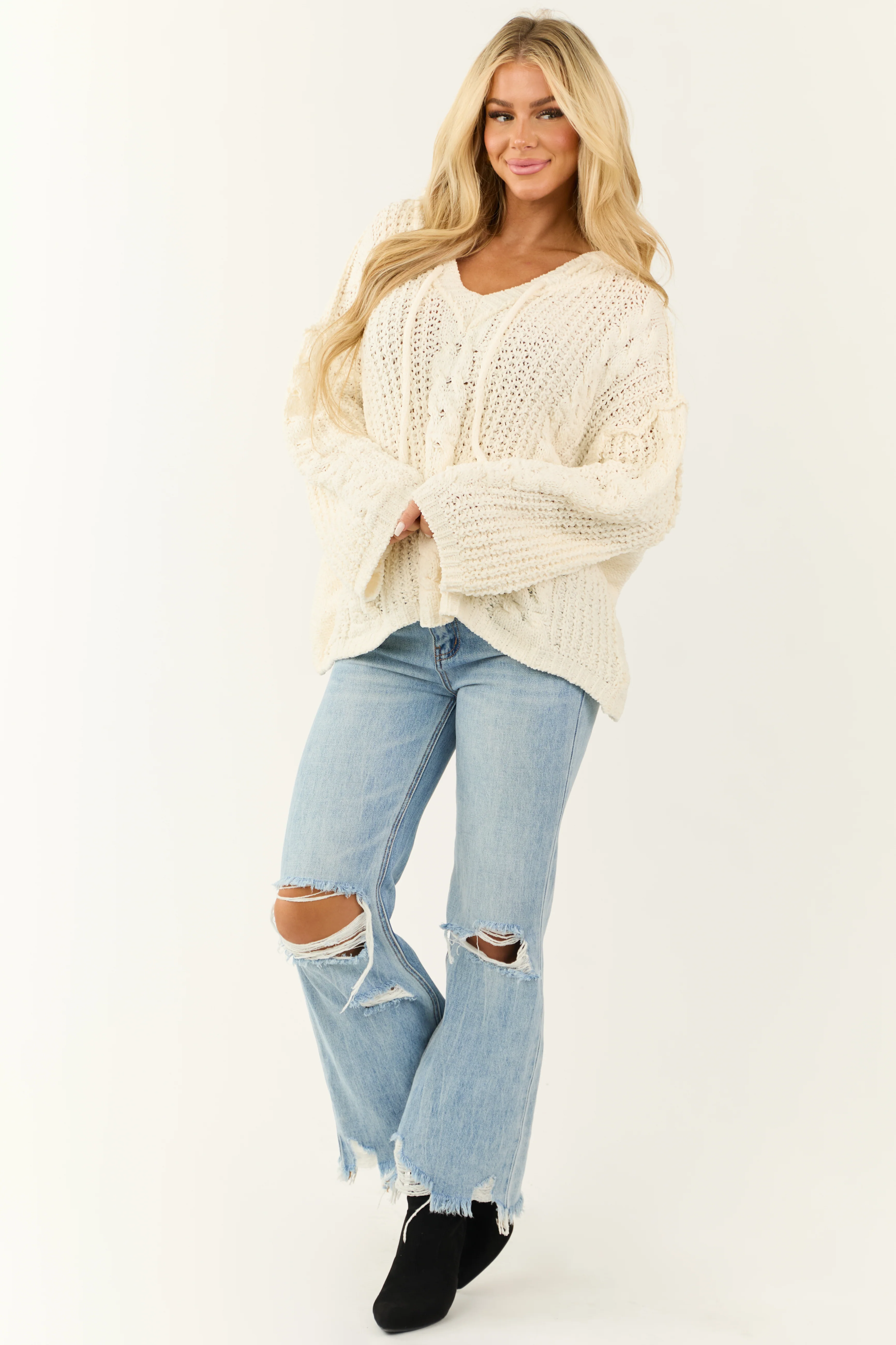 Cream Tie Neckline Detail Hooded Sweater - Image 4