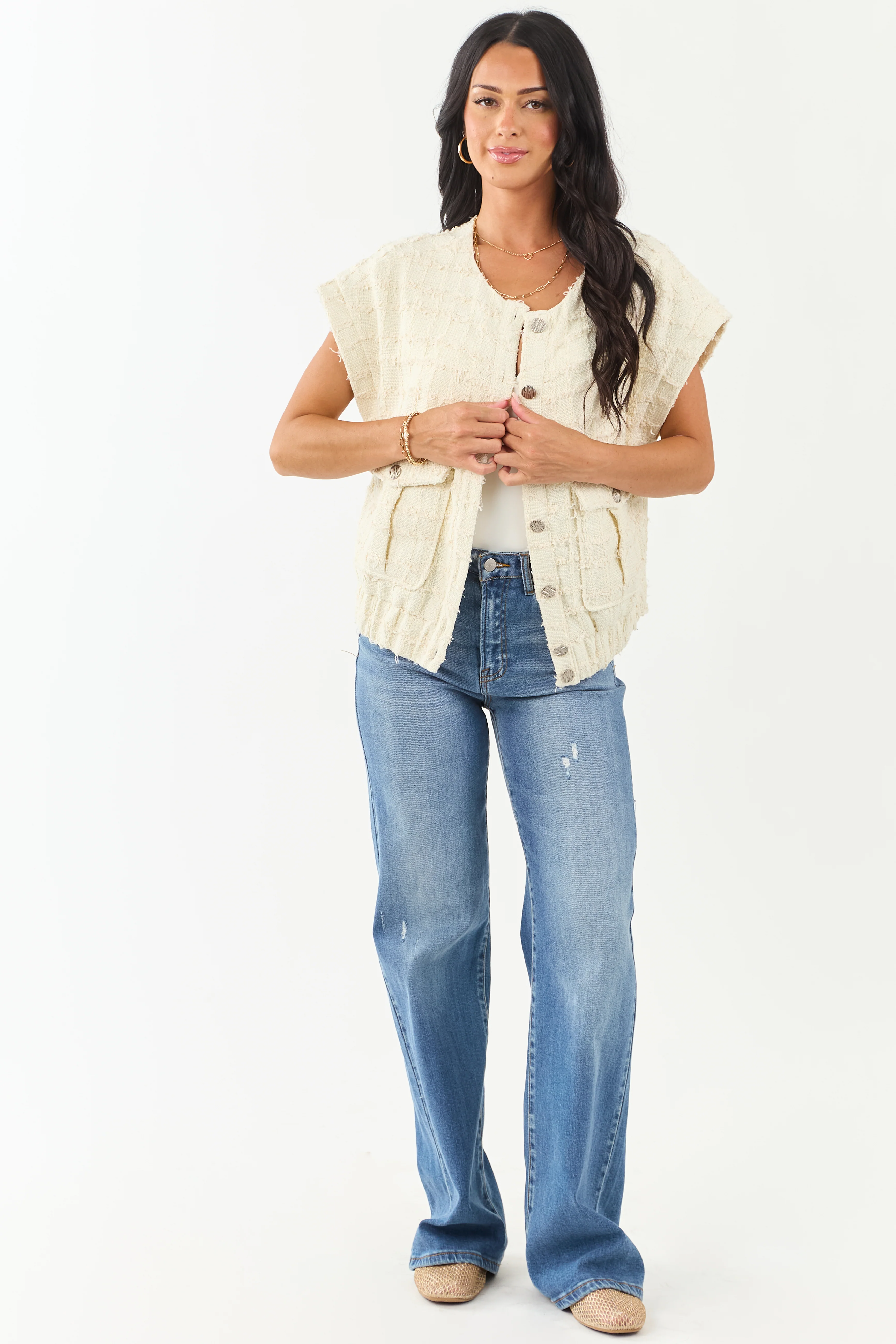 Cream Tweed Button Down Short Sleeve Top - Image 2