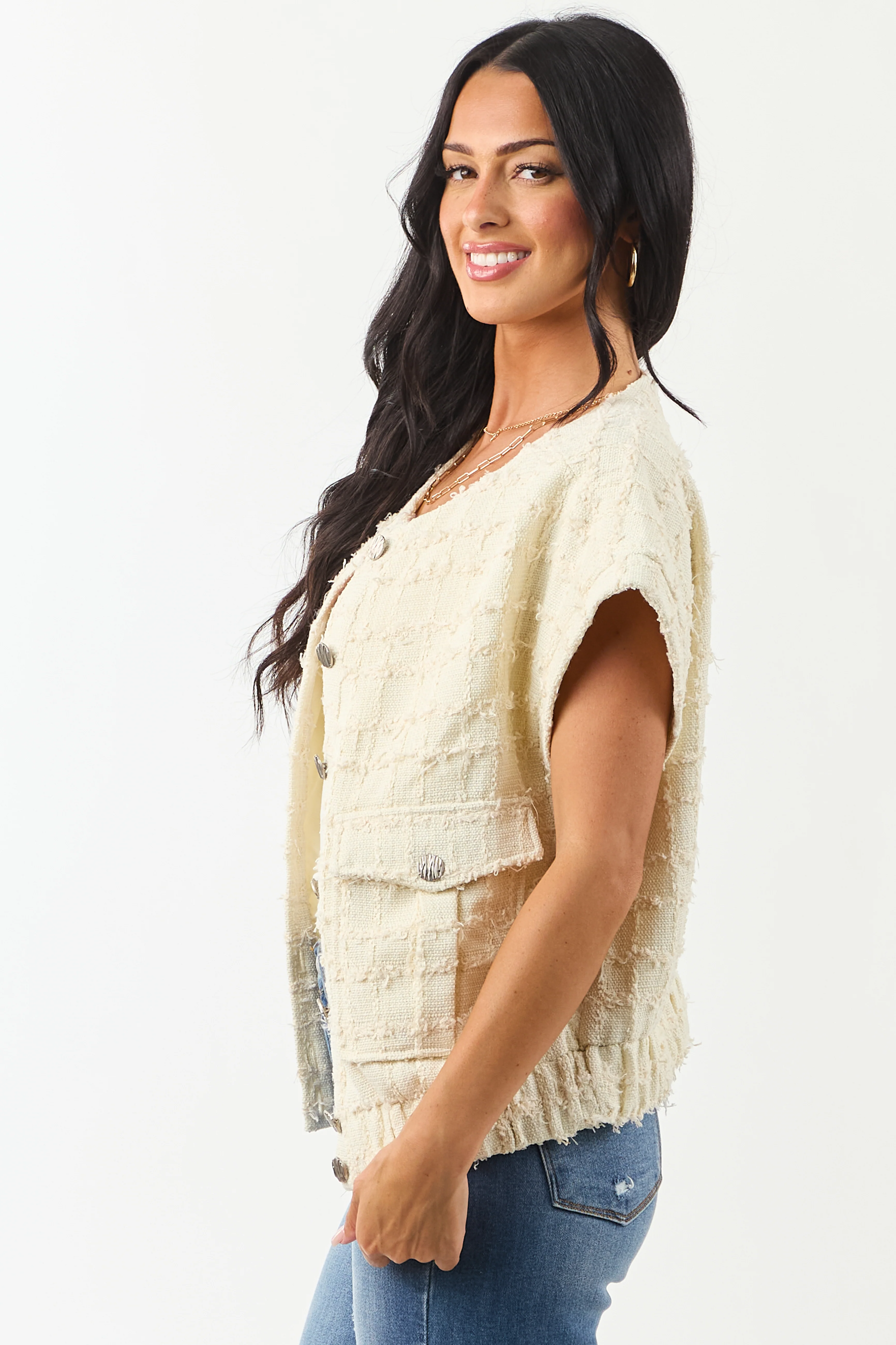 Cream Tweed Button Down Short Sleeve Top - Image 6