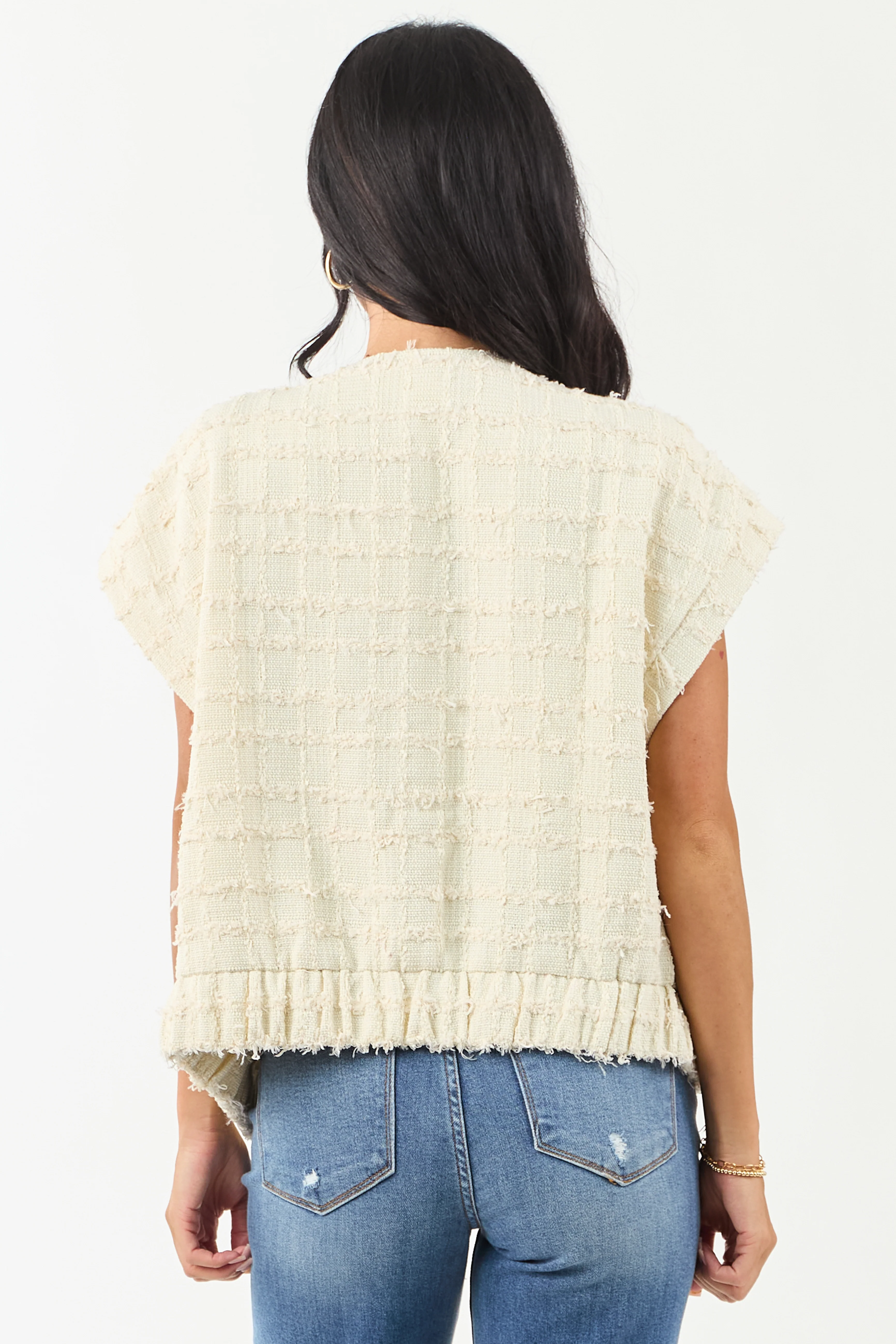 Cream Tweed Button Down Short Sleeve Top - Image 7