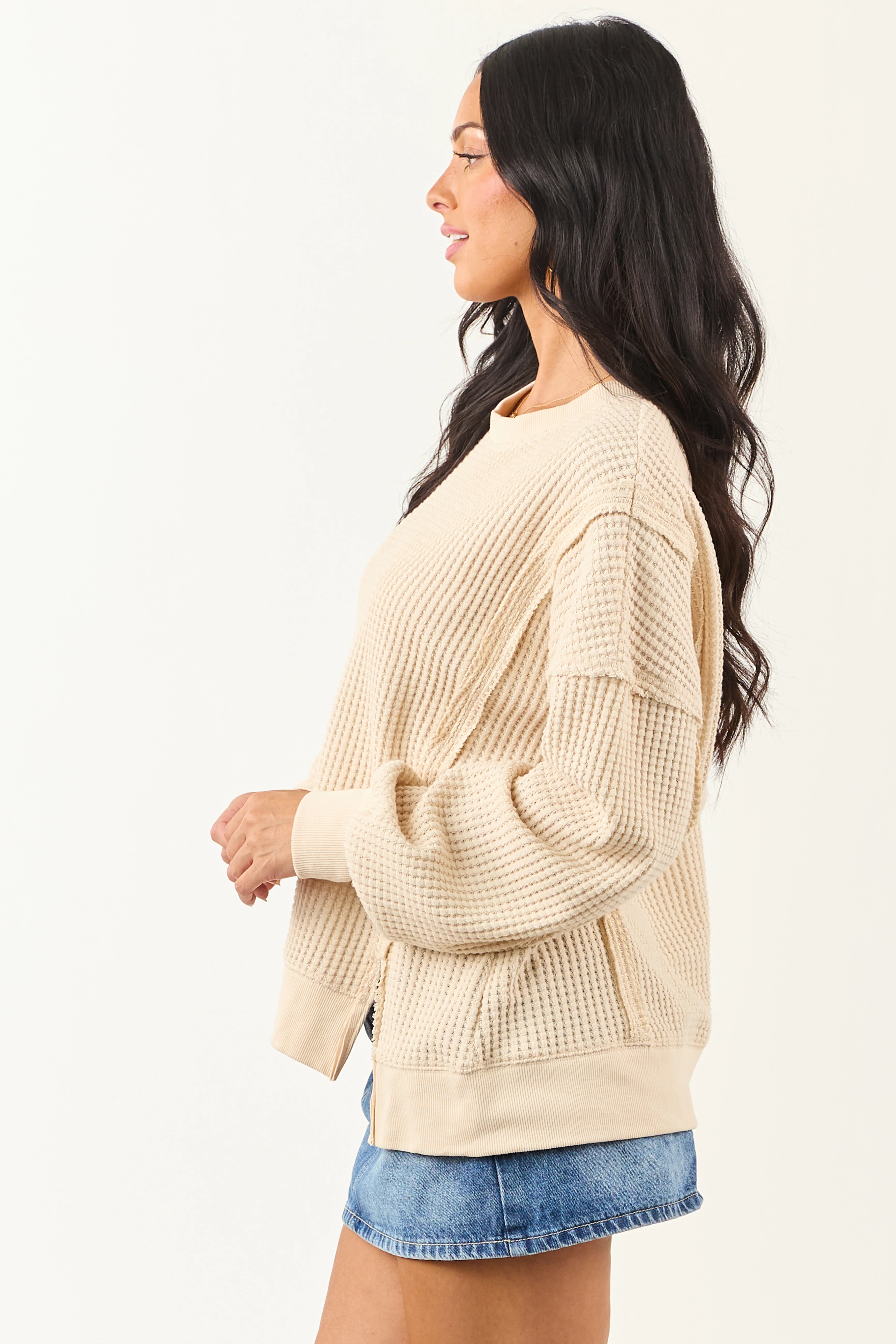 Cream Waffle Knit Relaxed Long Sleeve Top - Image 5