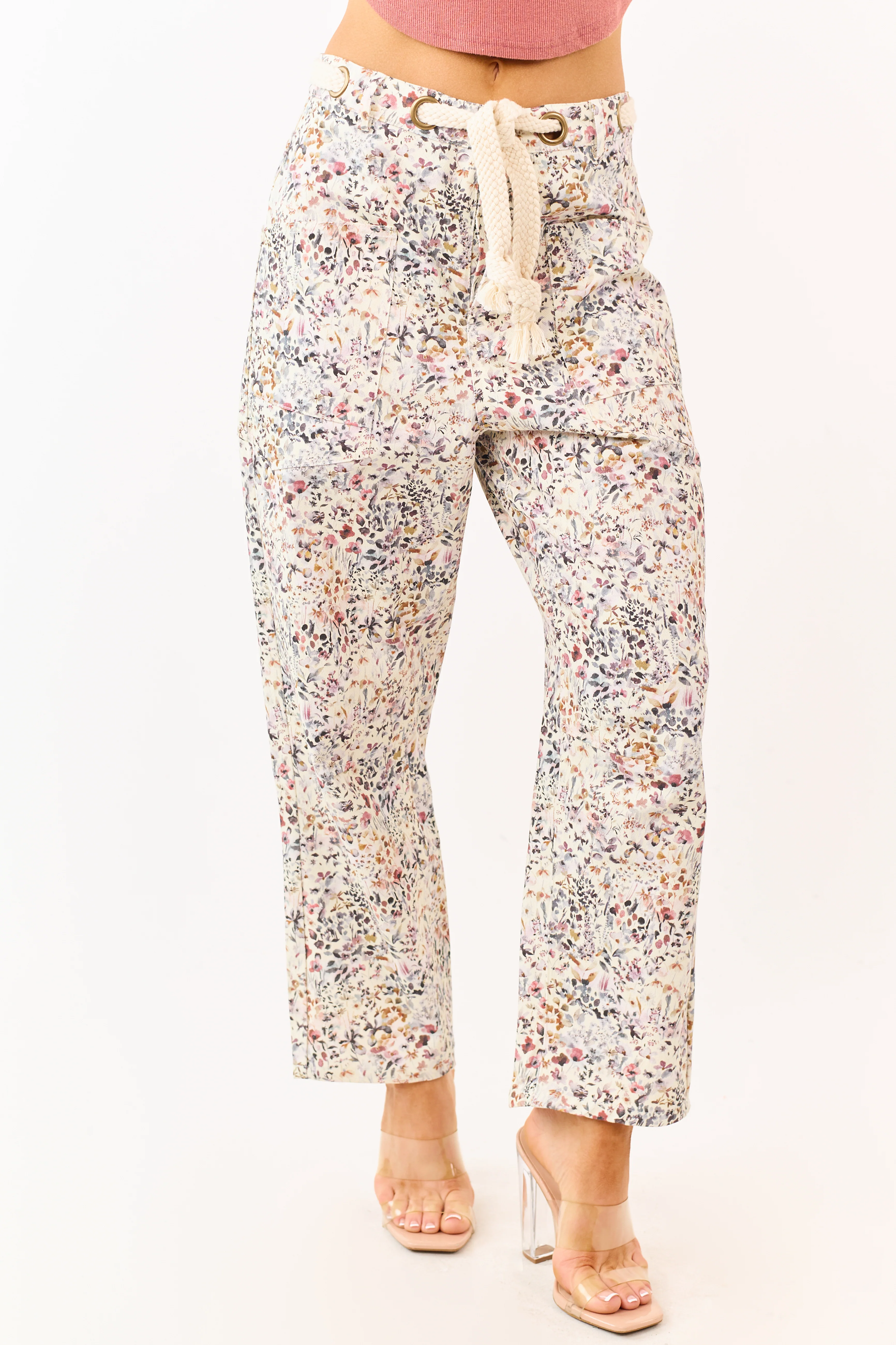 Cream Wildflower Waist Tie Barrel Leg Denim Pants - Image 2