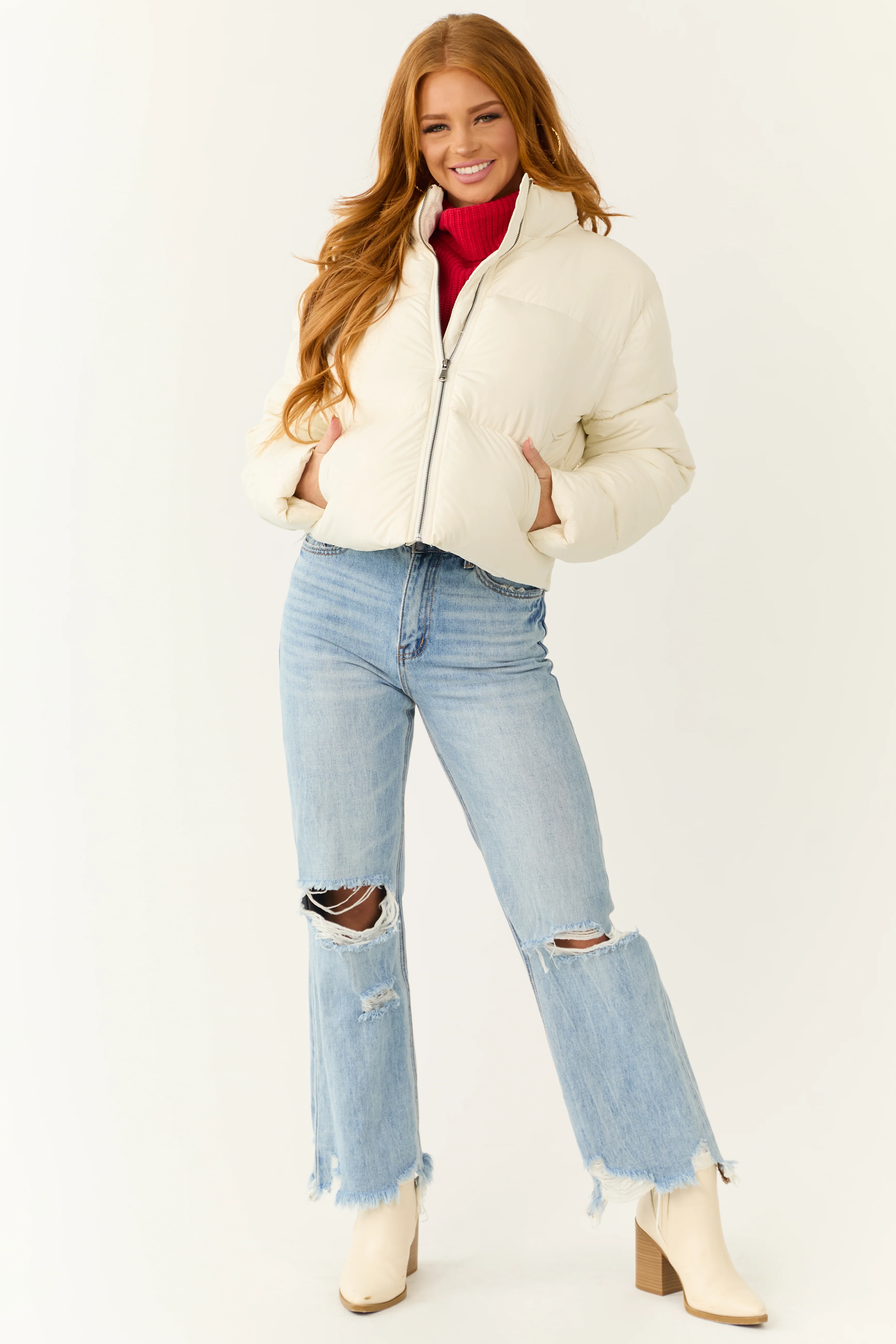 Cream Zip Up Collared Quilted Puffer Jacket - Image 3