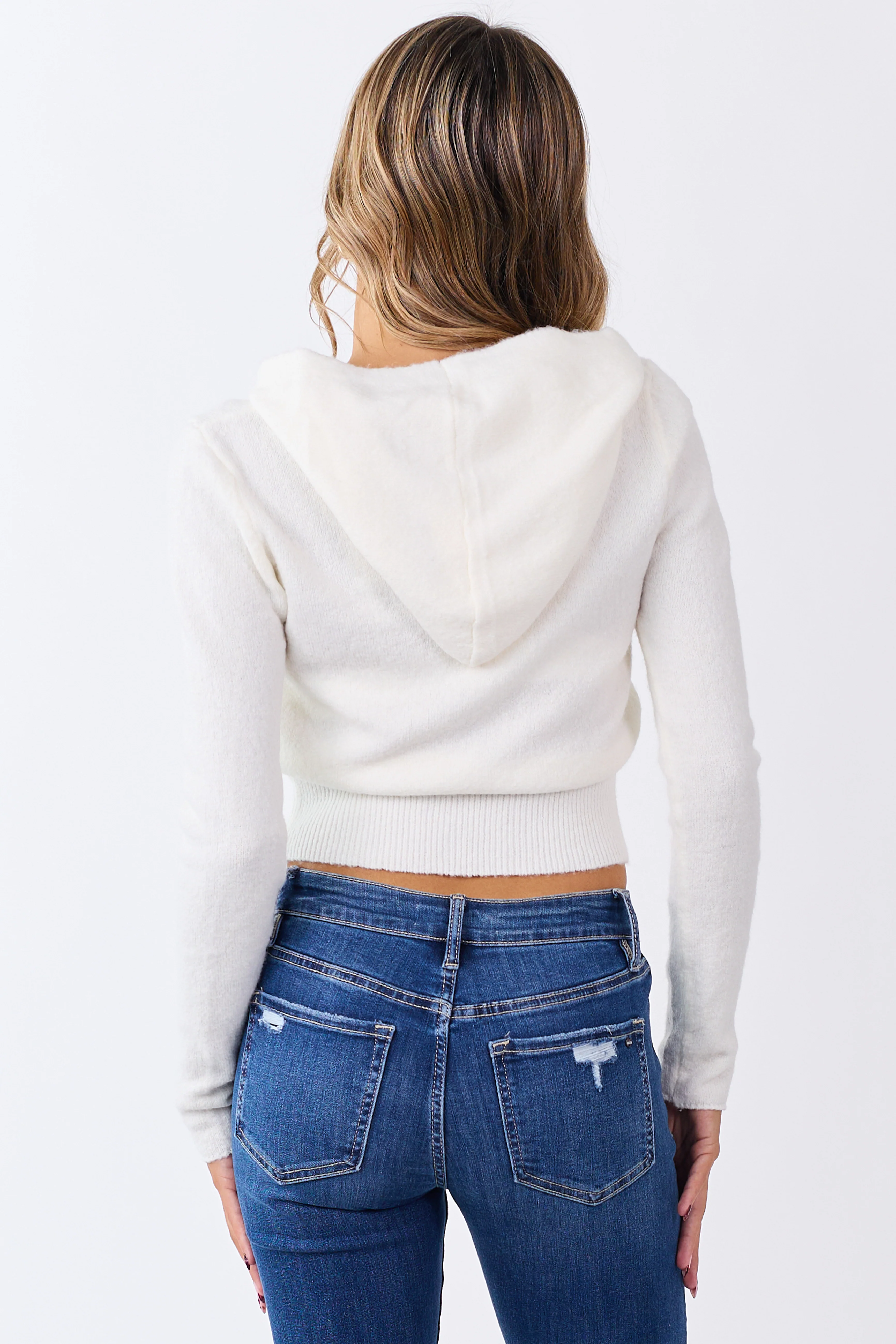 Cream Zip Up Hooded Cropped Knit Jacket - Image 5
