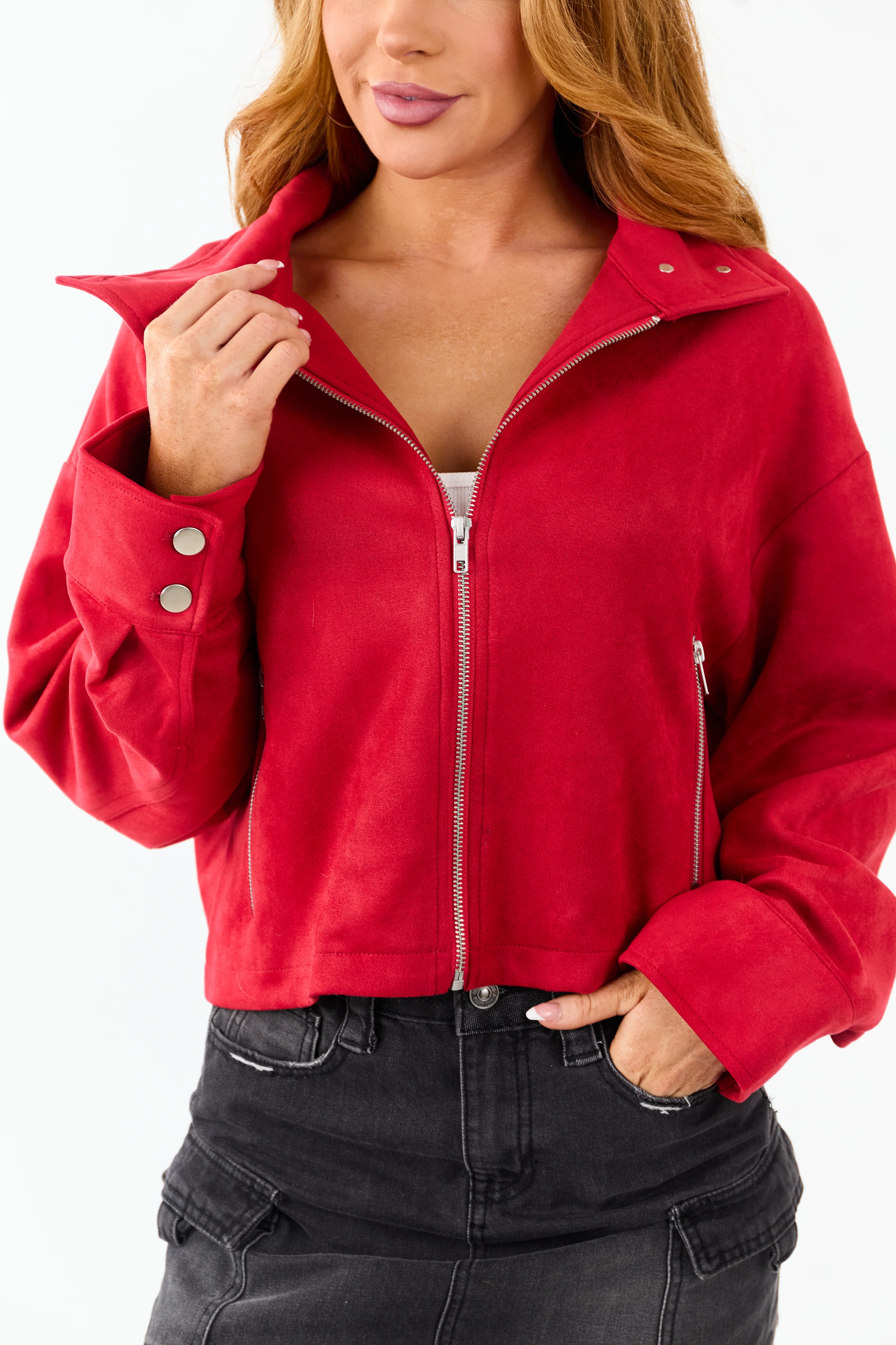 Crimson Faux Suede Long Sleeve Zip Up Jacket - Image 8