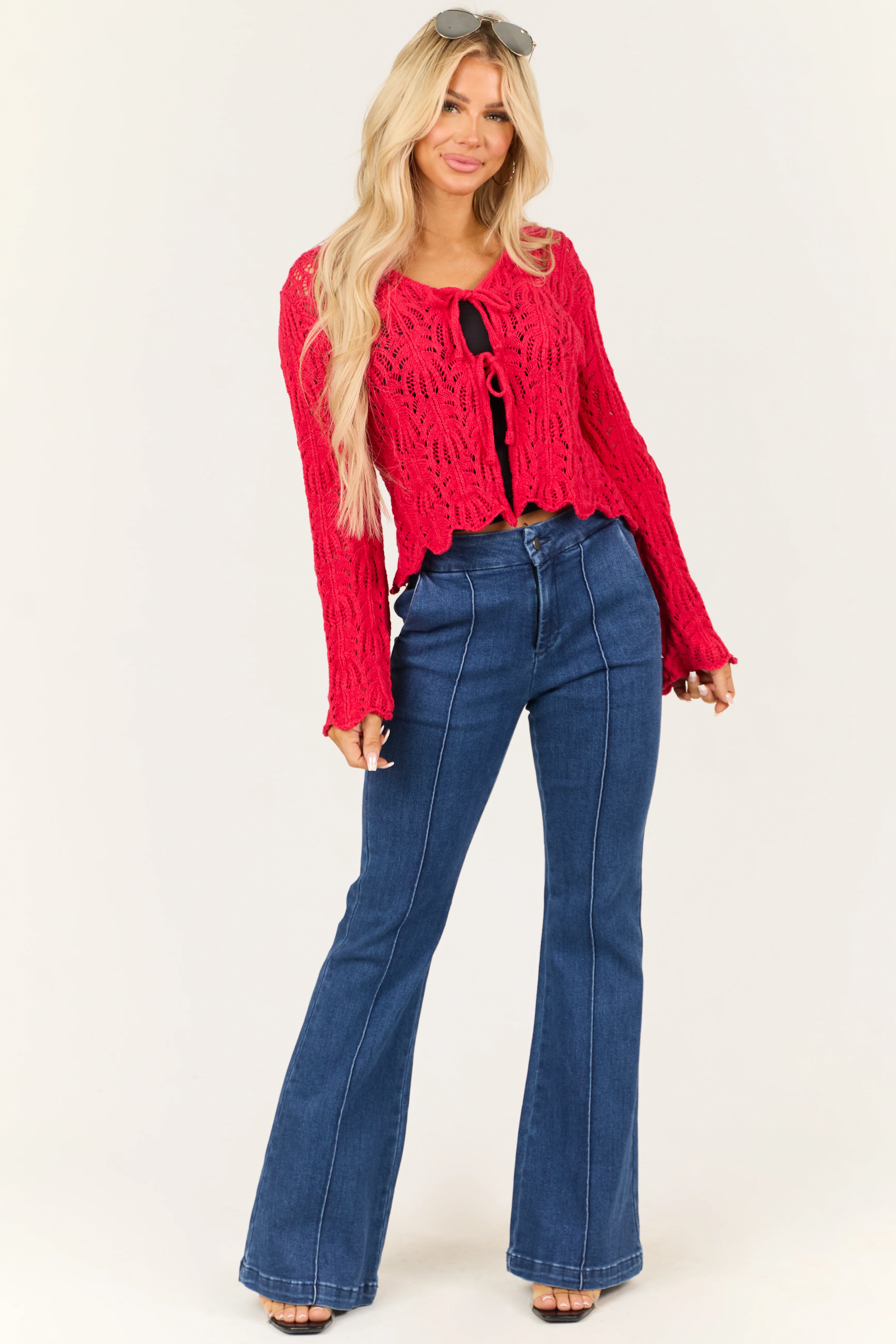Crimson Front Tie Flare Long Sleeve Cardigan - Image 3