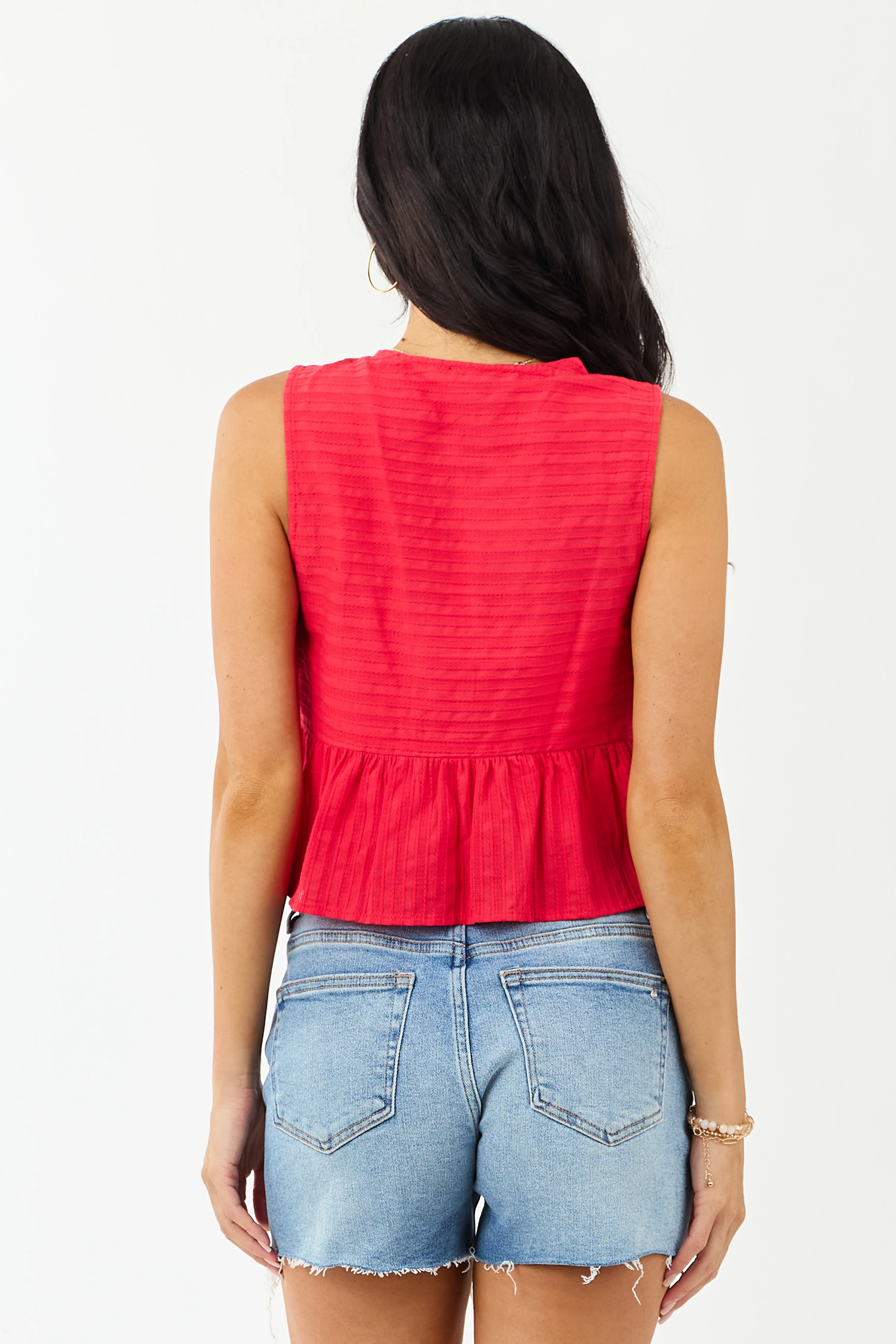 Crimson Textured Cotton Open Front Tank Top - Image 5