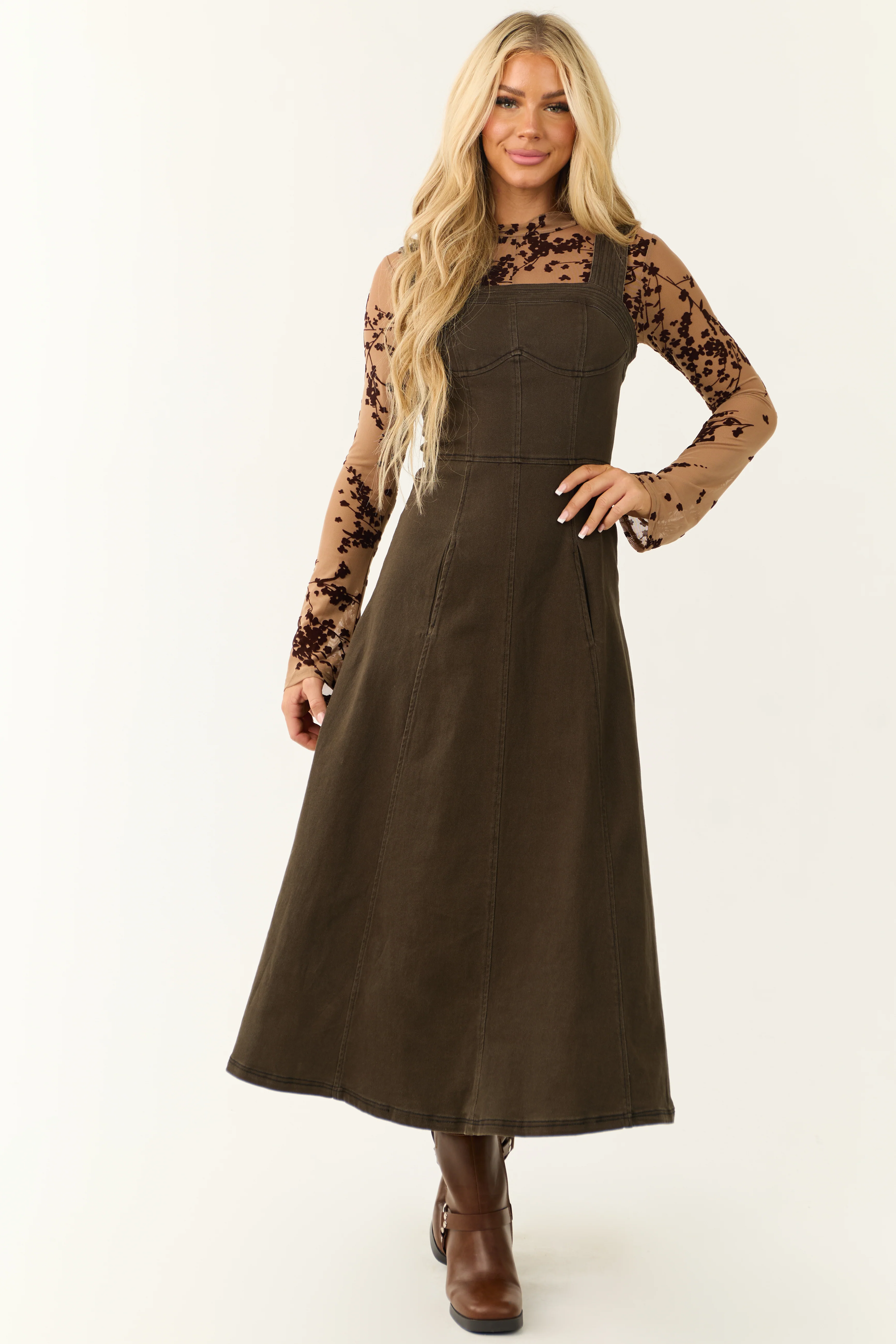 Dark Army Green Denim Thick Strap Midi Dress - Image 3