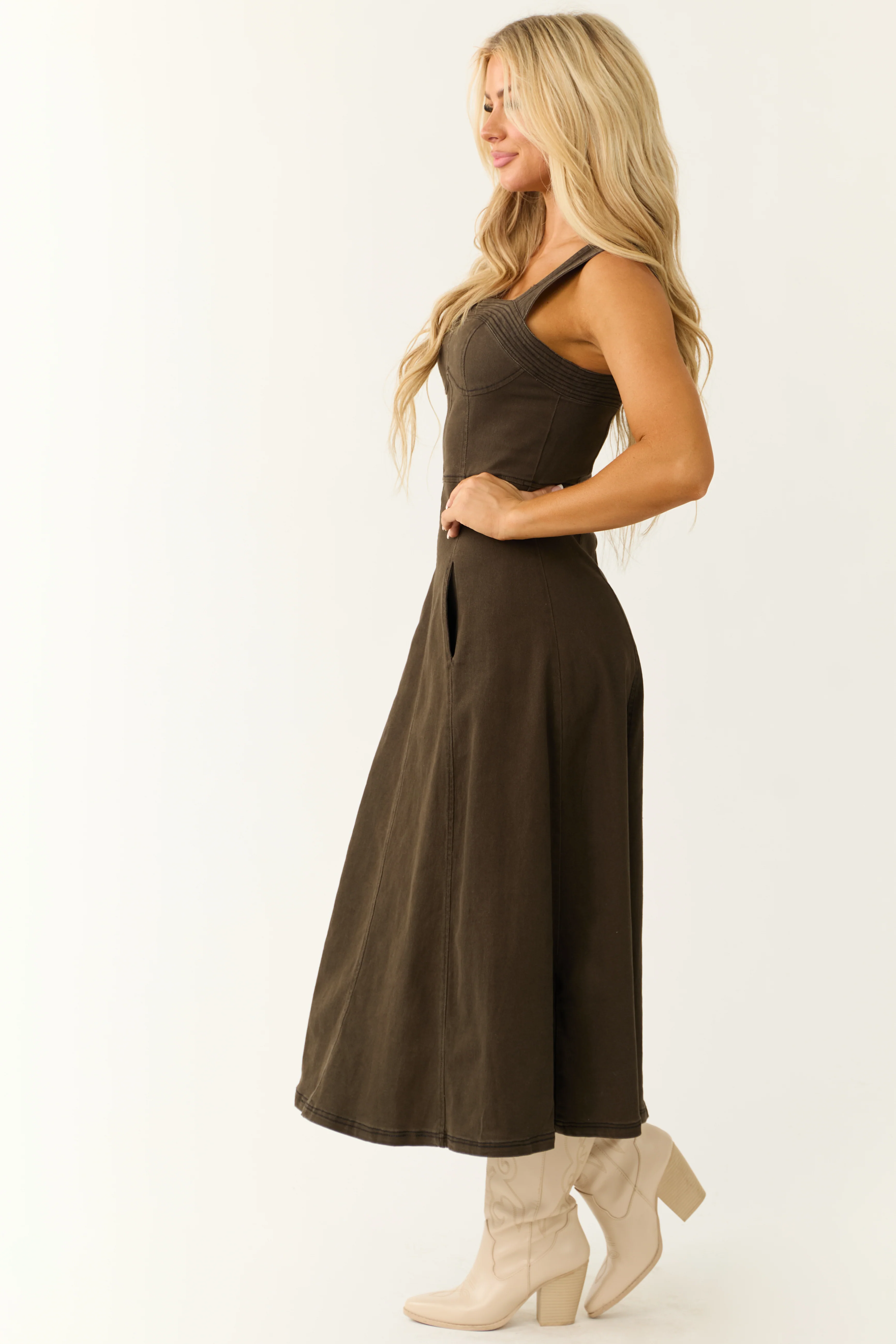 Dark Army Green Denim Thick Strap Midi Dress - Image 6