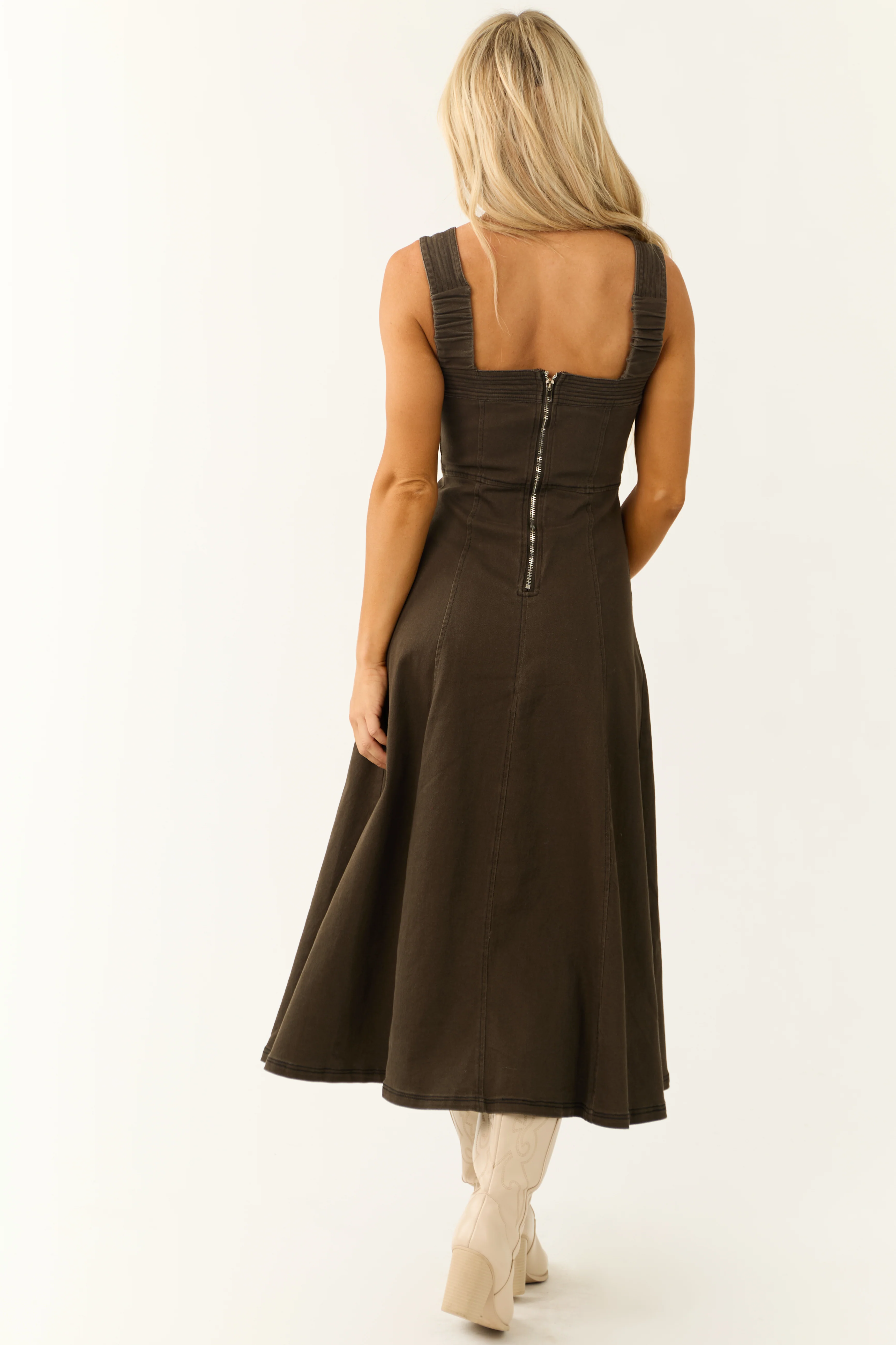 Dark Army Green Denim Thick Strap Midi Dress - Image 8