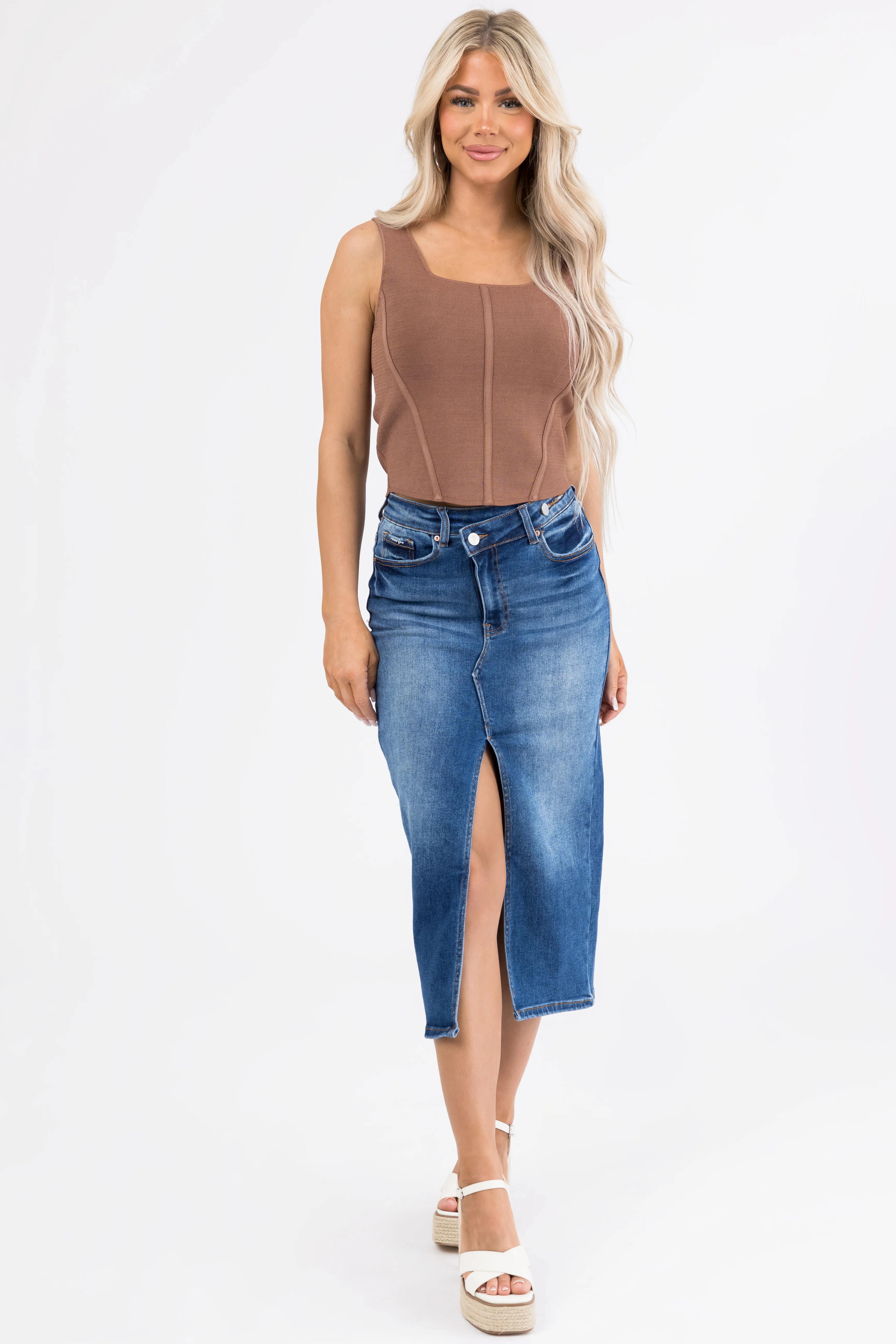 Dark Denim Slit Hem Crossover Midi Skirt - Image 6