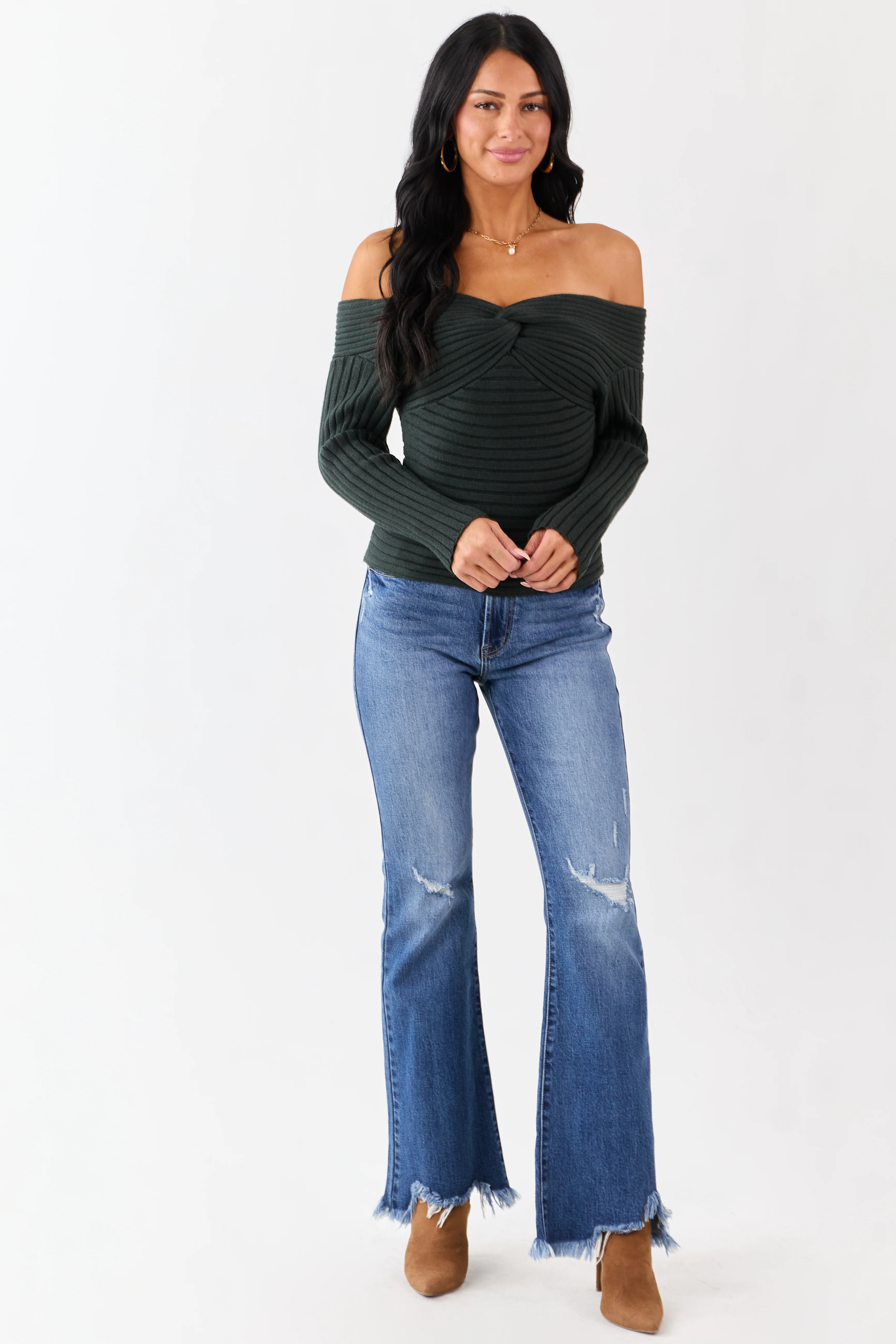 Dark Forest Green Off Shoulder Twist Sweater - Image 2