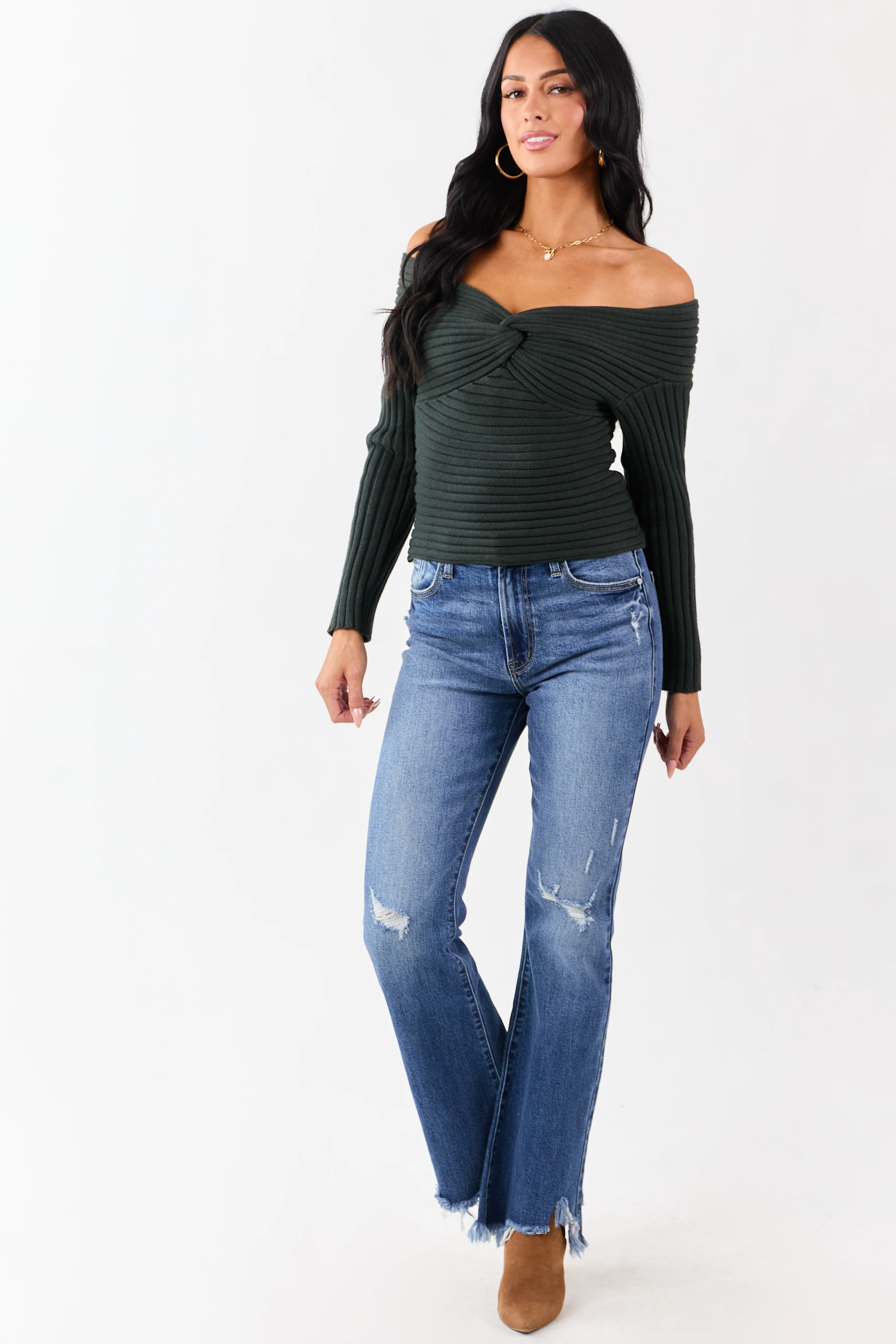 Dark Forest Green Off Shoulder Twist Sweater - Image 3