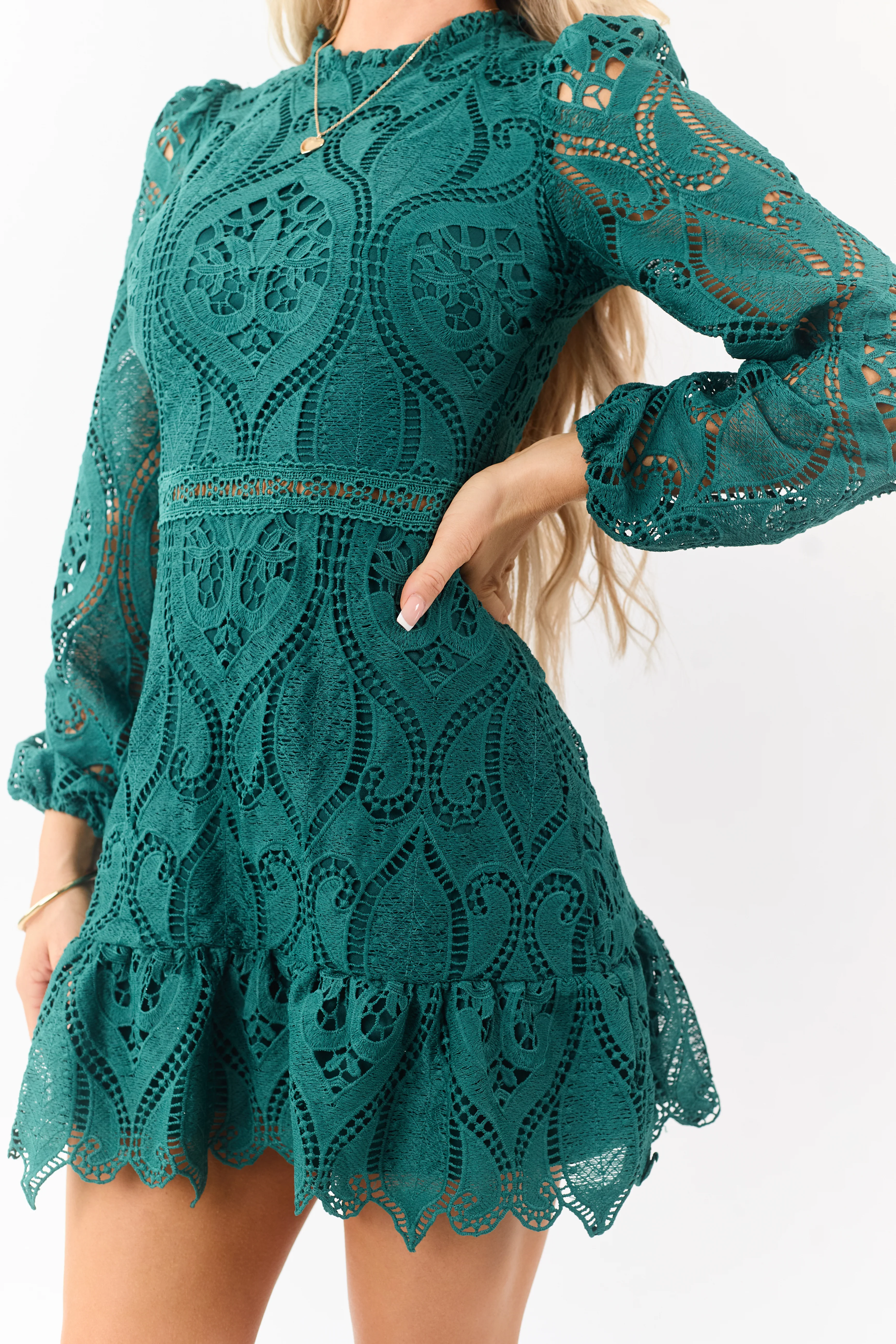 Dark Pine Long Puff Sleeve Lace Mini Dress - Image 3