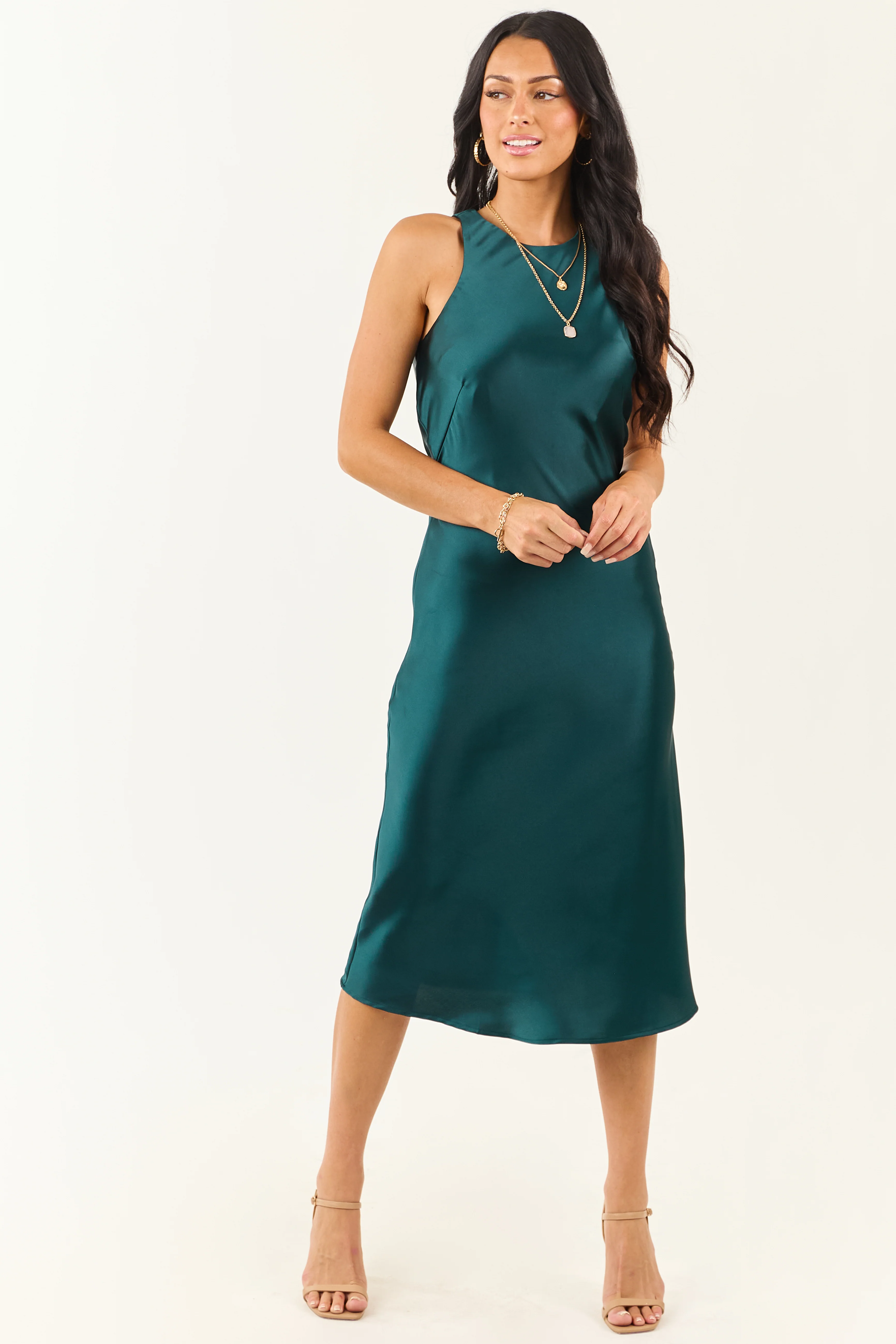 Dark Pine Satin Sleeveless Midi Slip Dress - Image 3