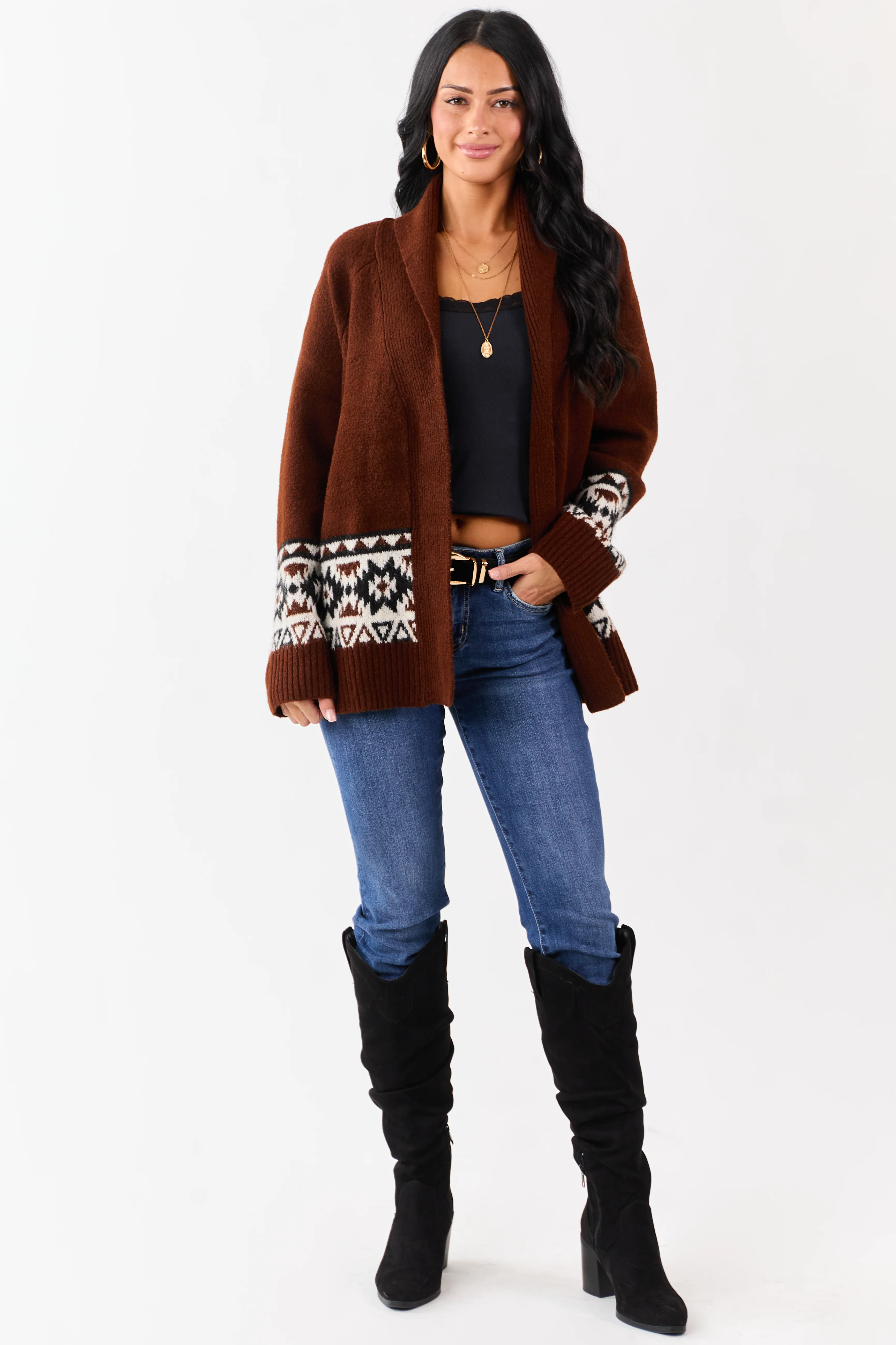 Dark Spice Aztec Pattern Open Front Knit Cardigan - Image 2