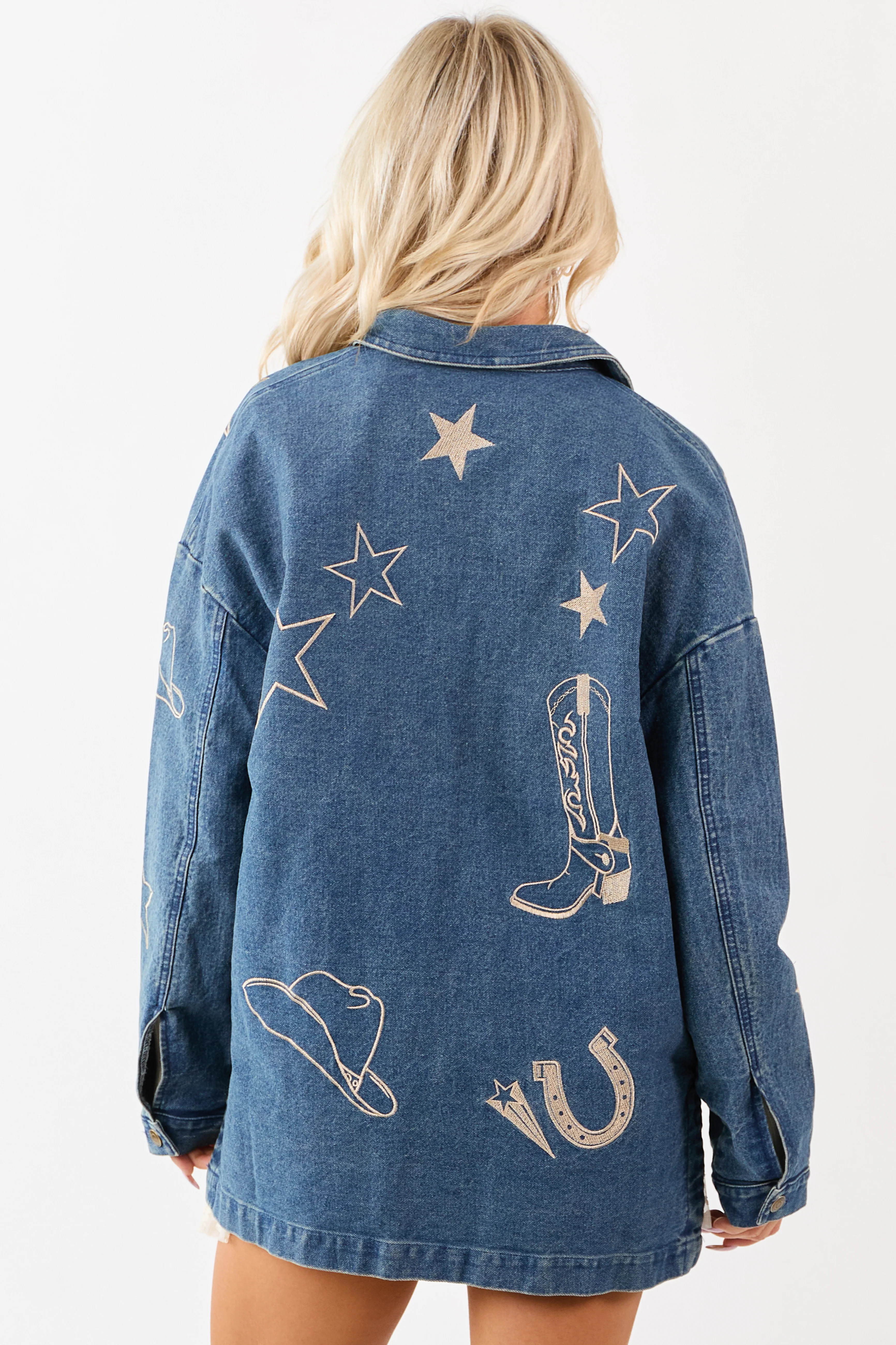 Dark Wash Denim Western Embroidered Shacket - Image 3