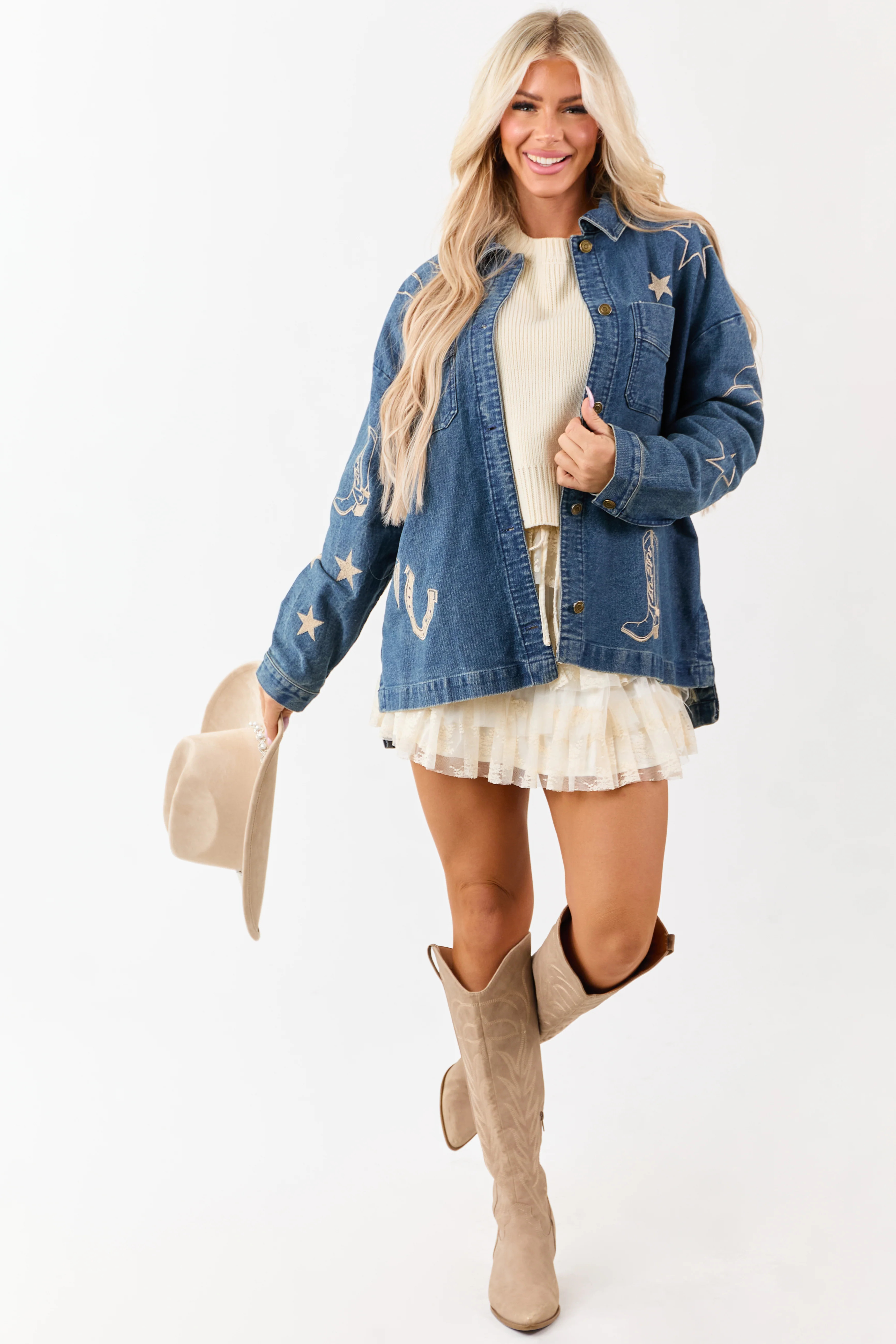 Dark Wash Denim Western Embroidered Shacket - Image 7