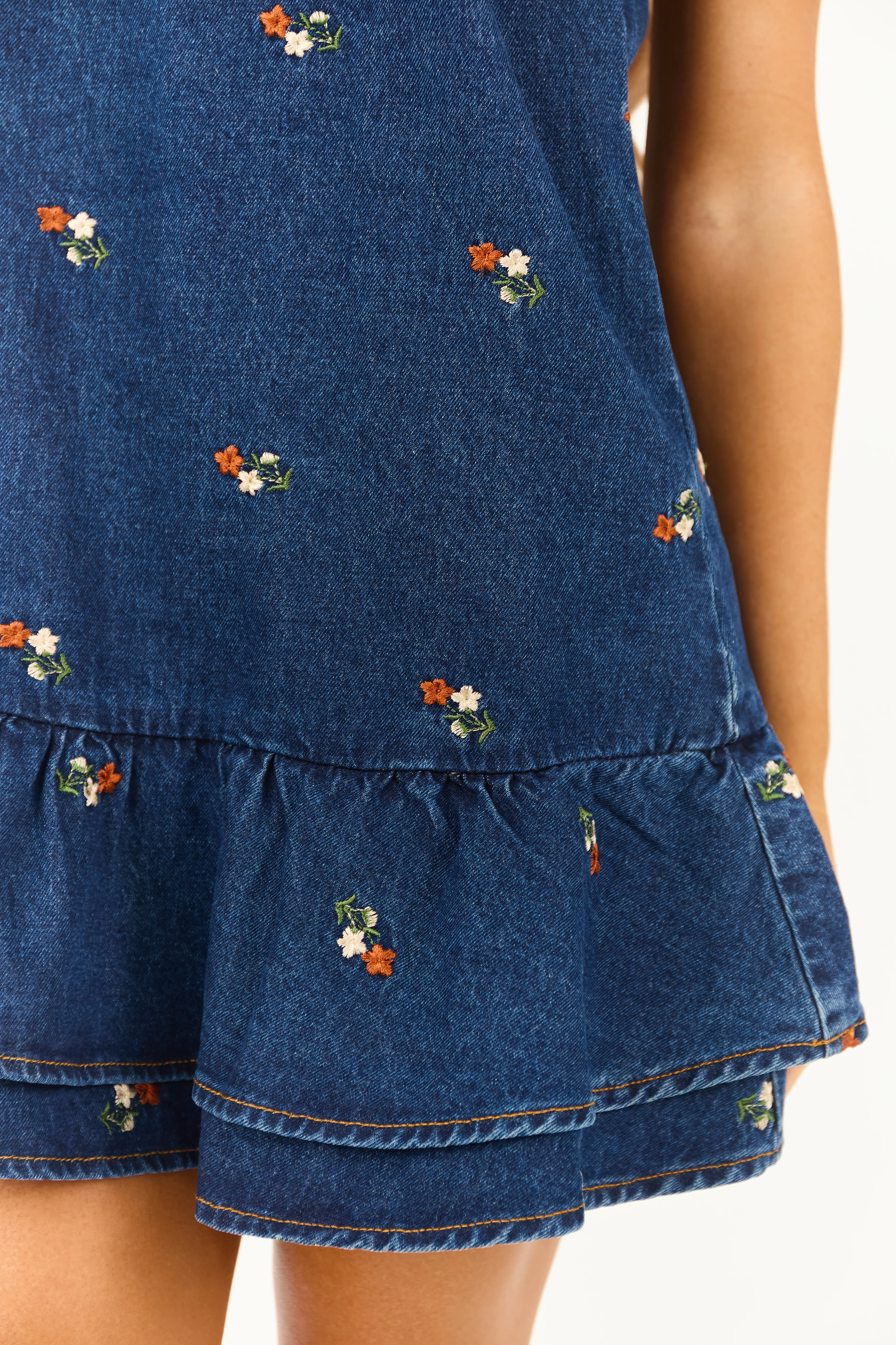 Dark Wash Floral Embroidered Denim Mini Dress - Image 7