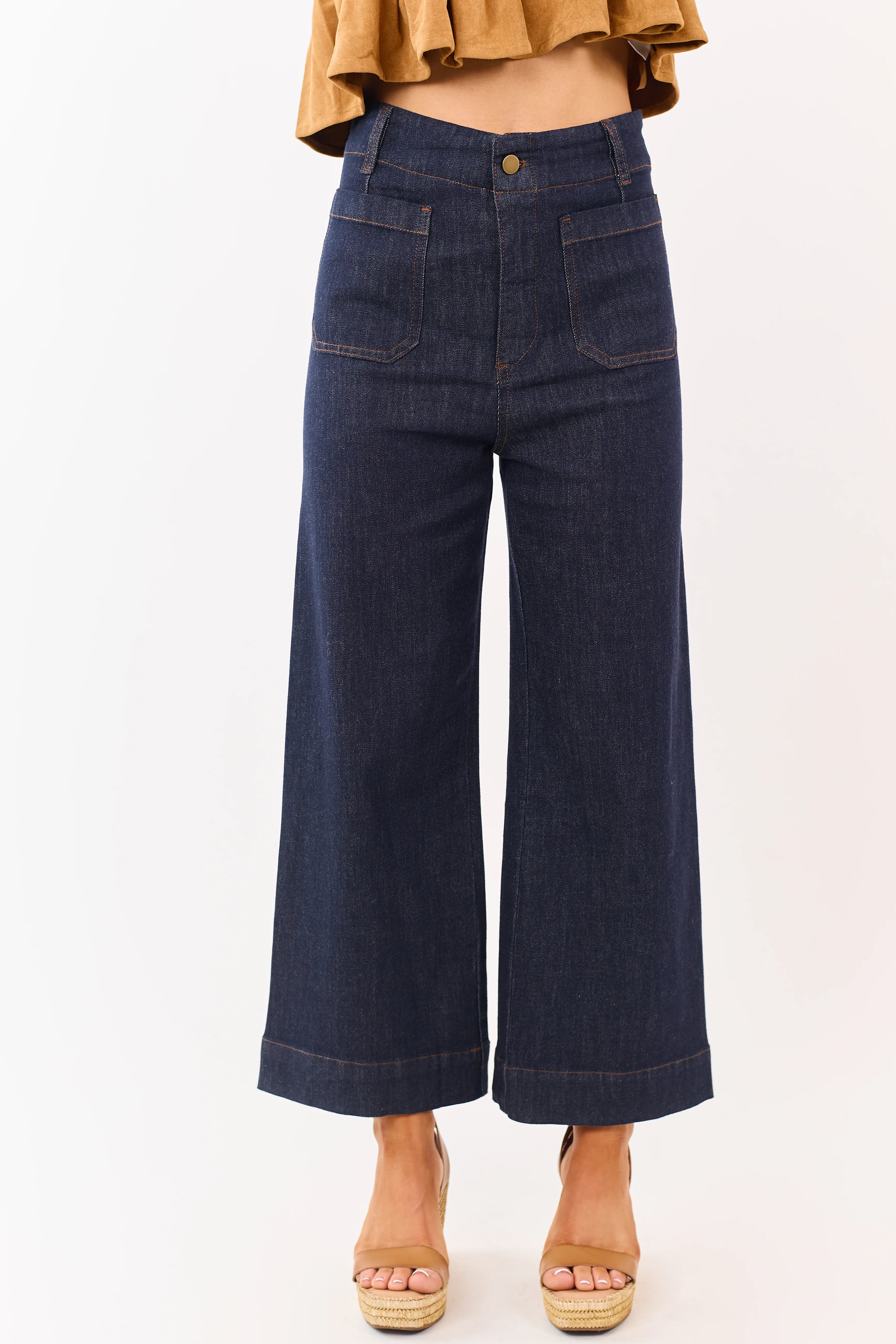 Dark Wash High Rise Patch Pocket Wide Denim Pants - Image 2