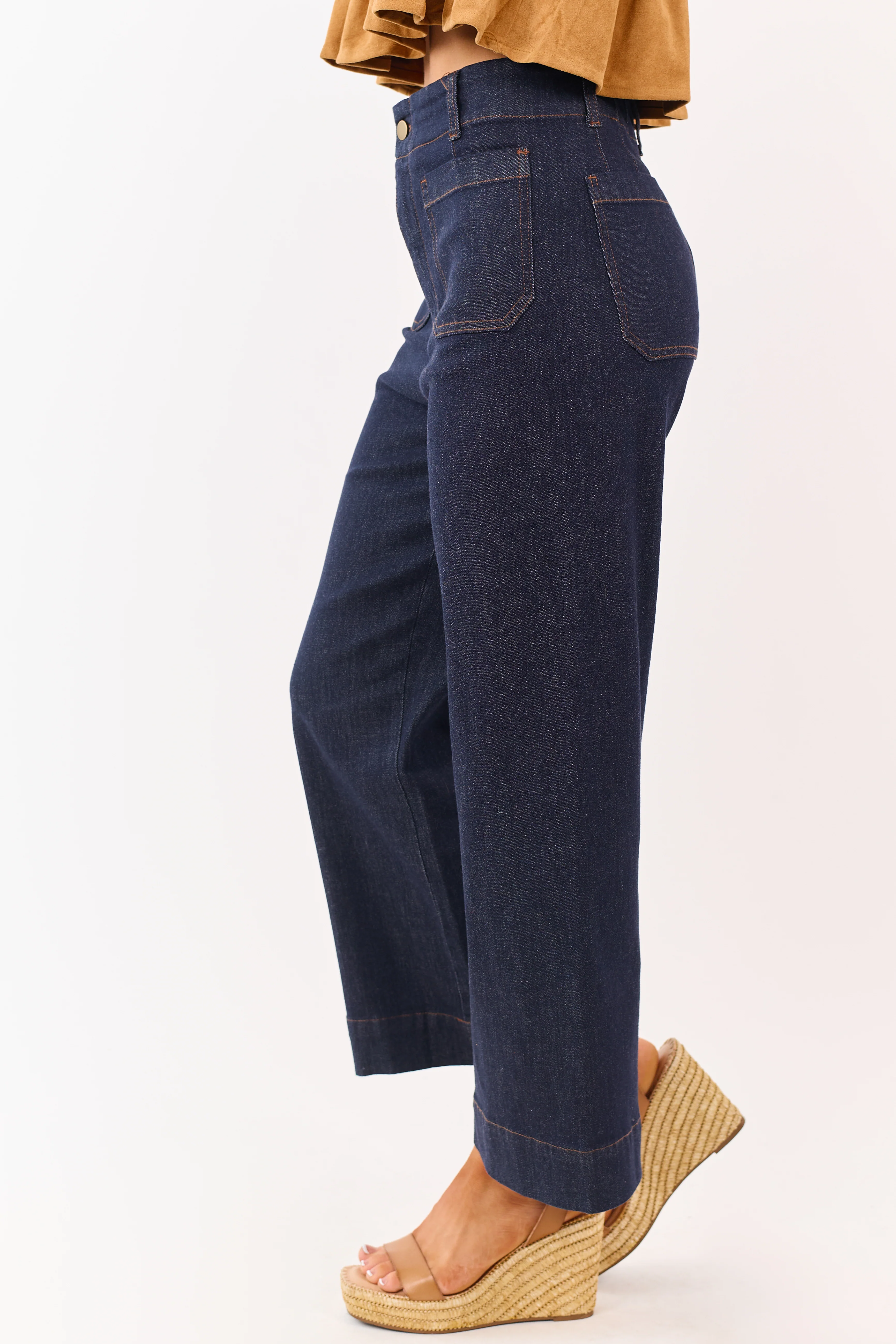 Dark Wash High Rise Patch Pocket Wide Denim Pants - Image 3
