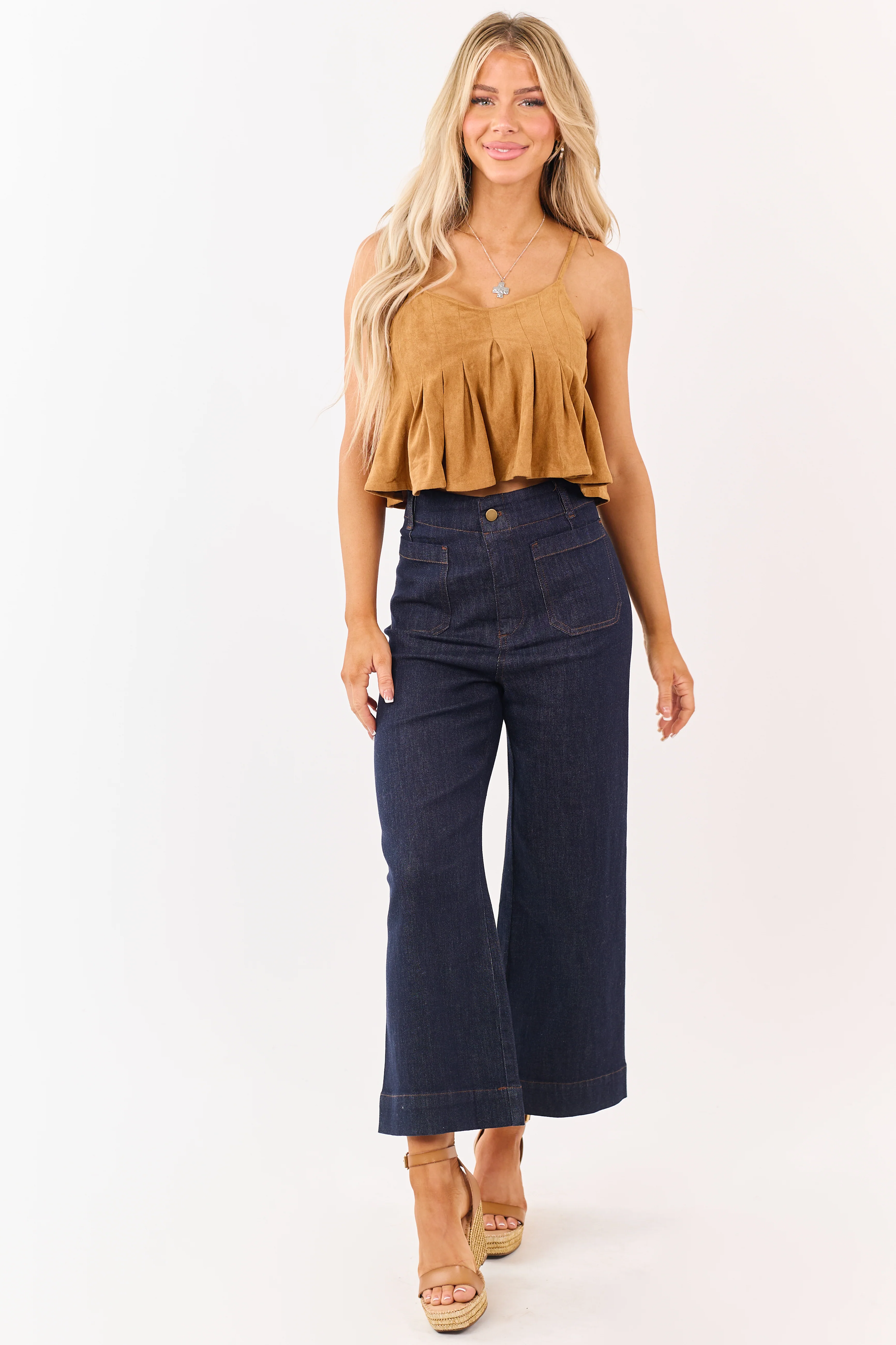 Dark Wash High Rise Patch Pocket Wide Denim Pants - Image 6