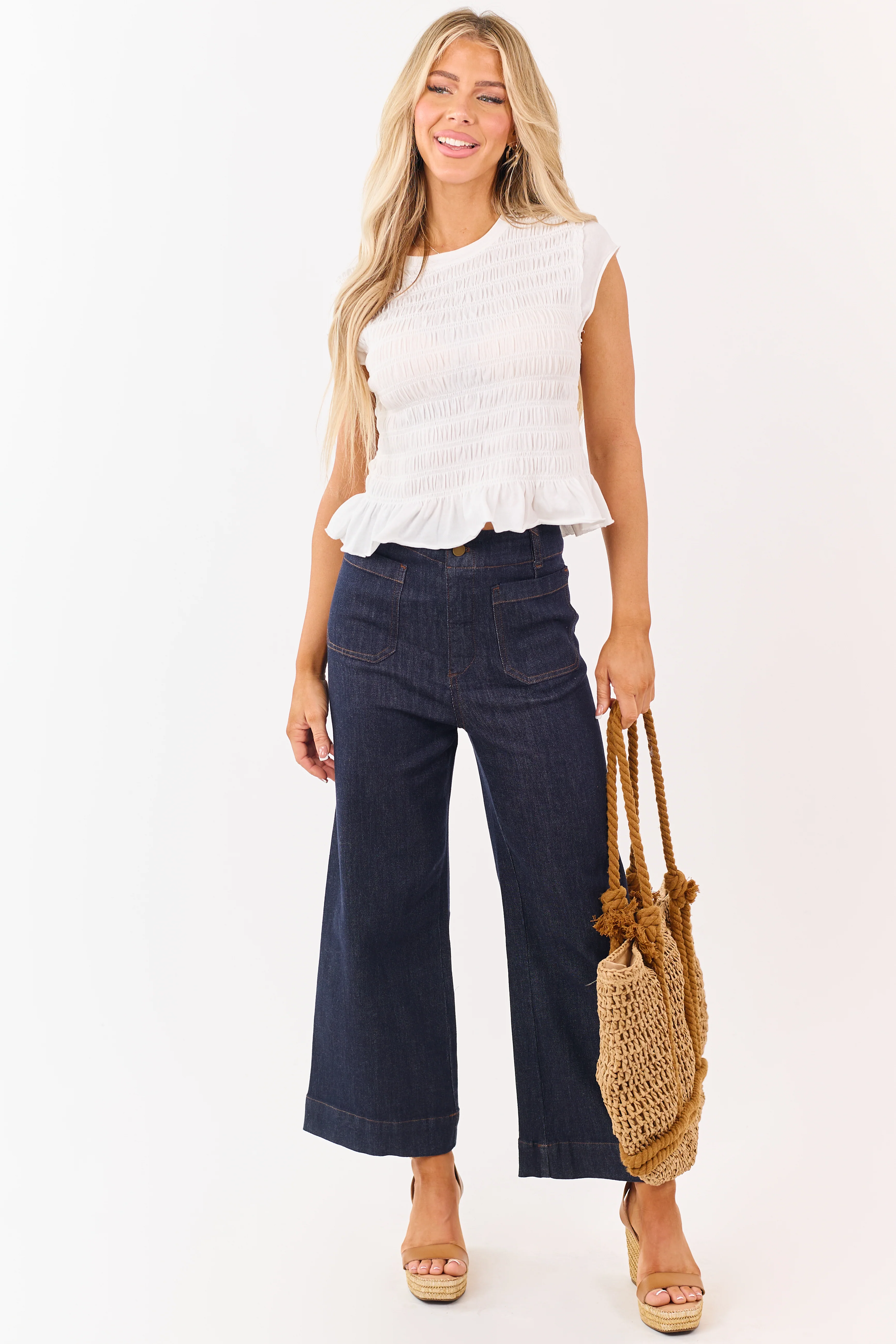 Dark Wash High Rise Patch Pocket Wide Denim Pants - Image 7
