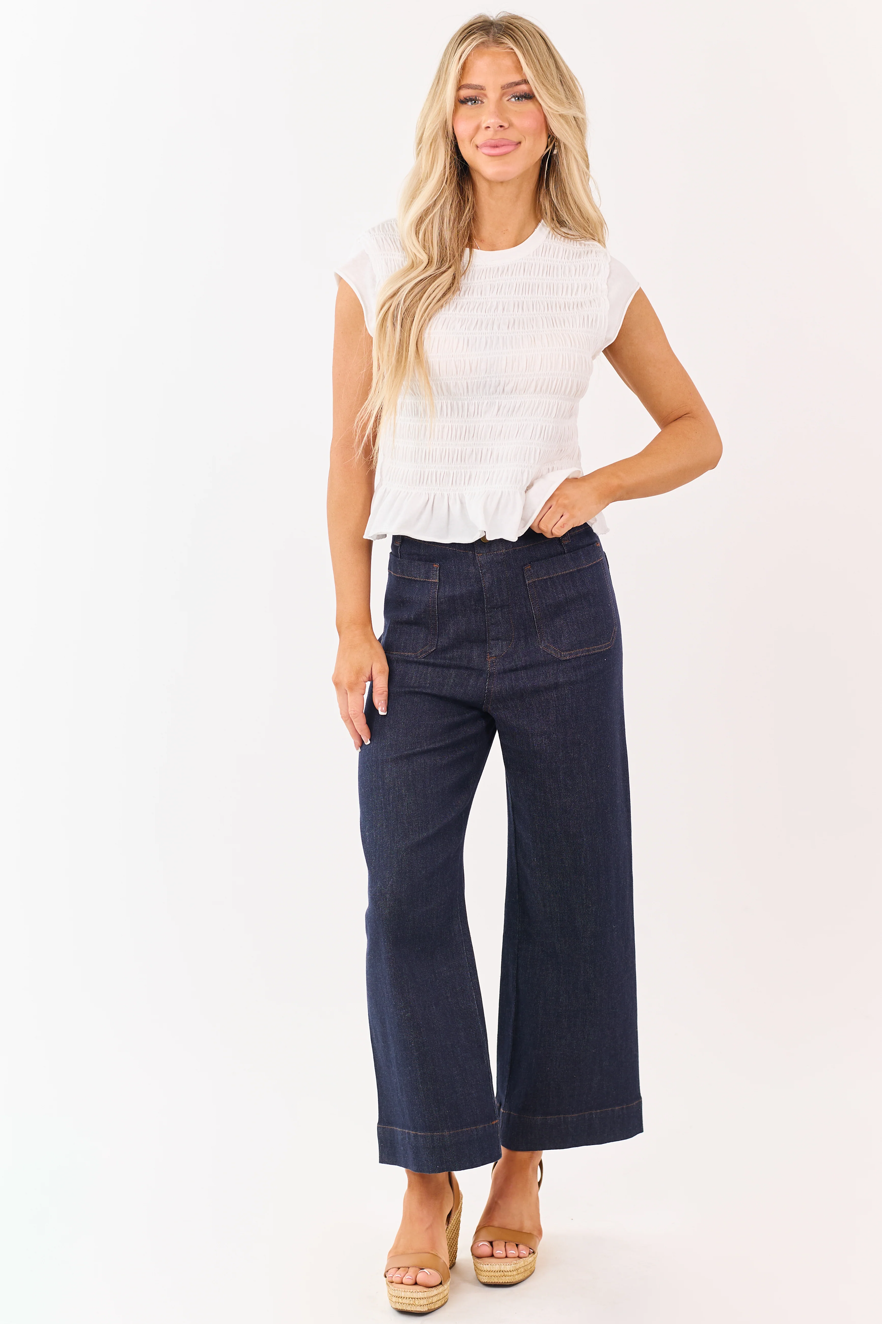Dark Wash High Rise Patch Pocket Wide Denim Pants - Image 8