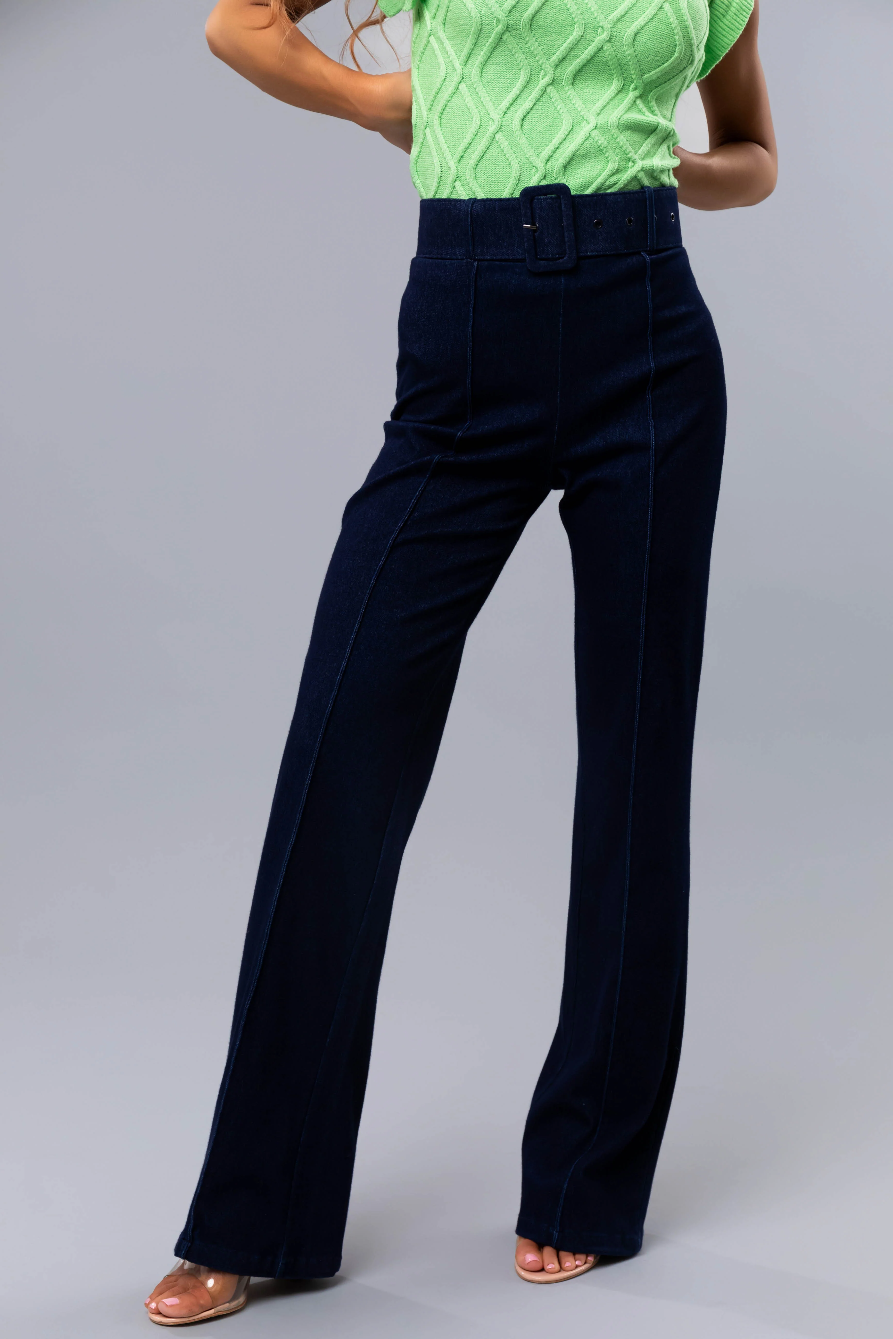 Dark Wash High Waist Belted Bootcut Jeans - Image 2