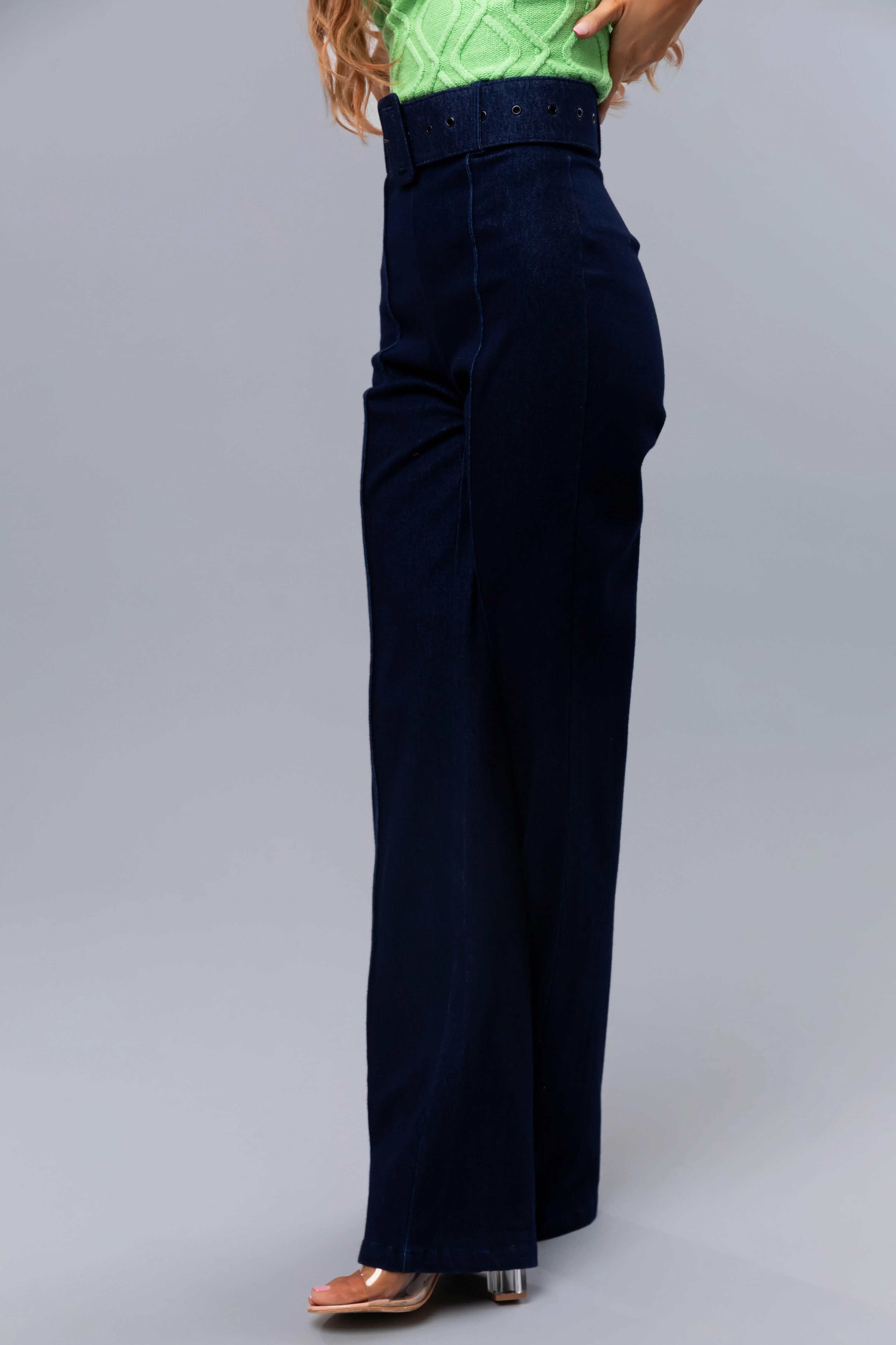 Dark Wash High Waist Belted Bootcut Jeans - Image 4