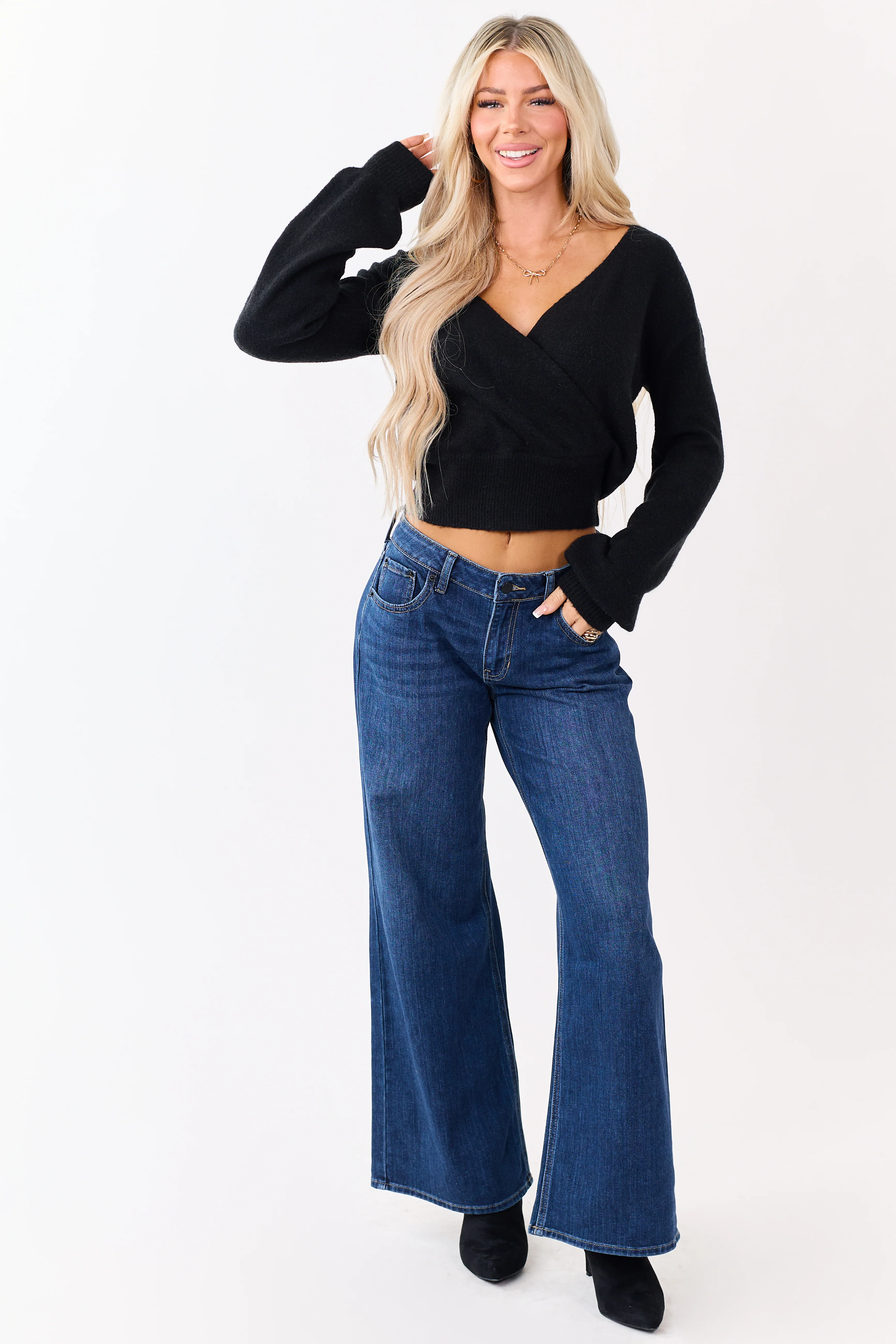 Dark Wash Wide Leg Mid Rise Jeans - Image 2