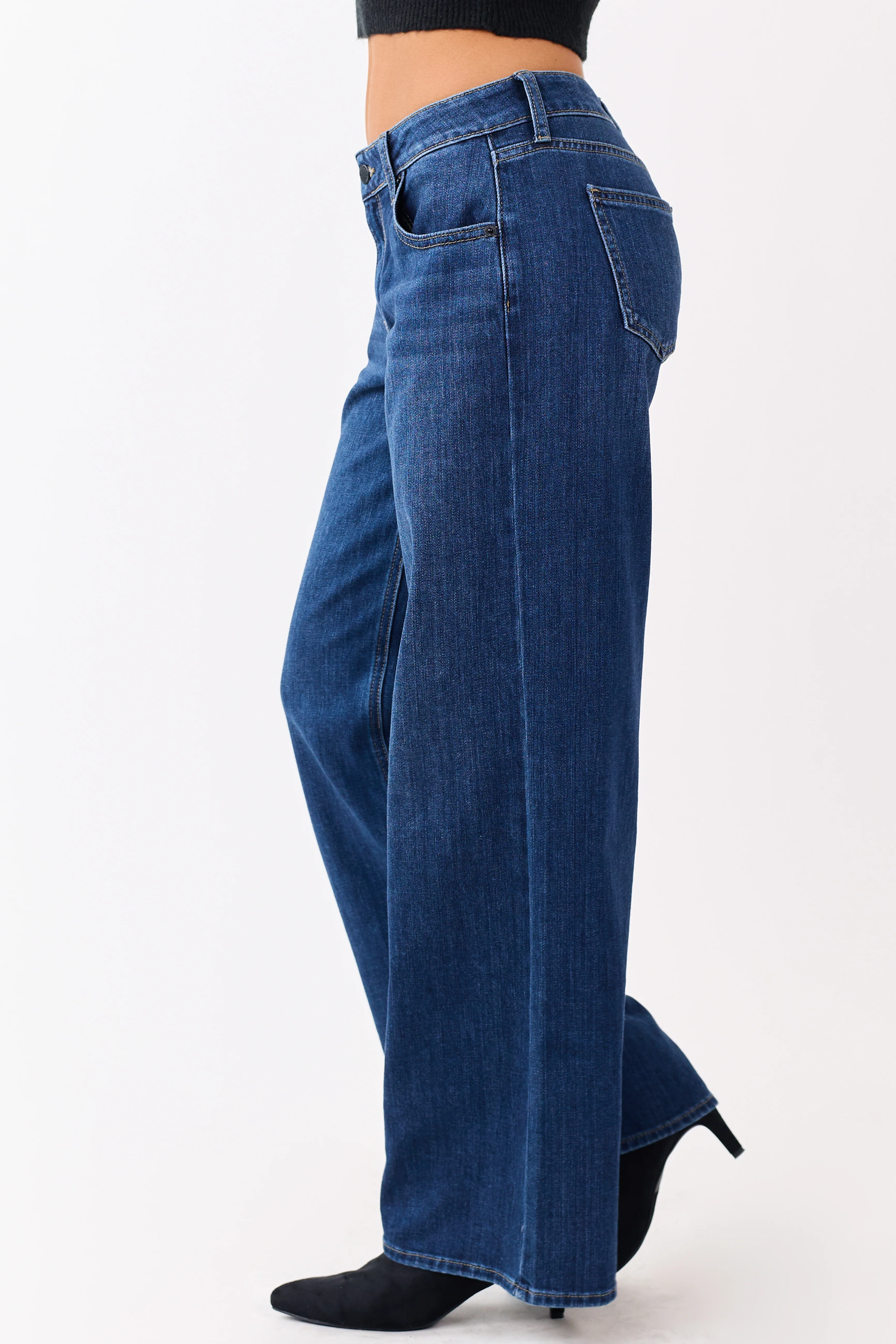 Dark Wash Wide Leg Mid Rise Jeans - Image 3