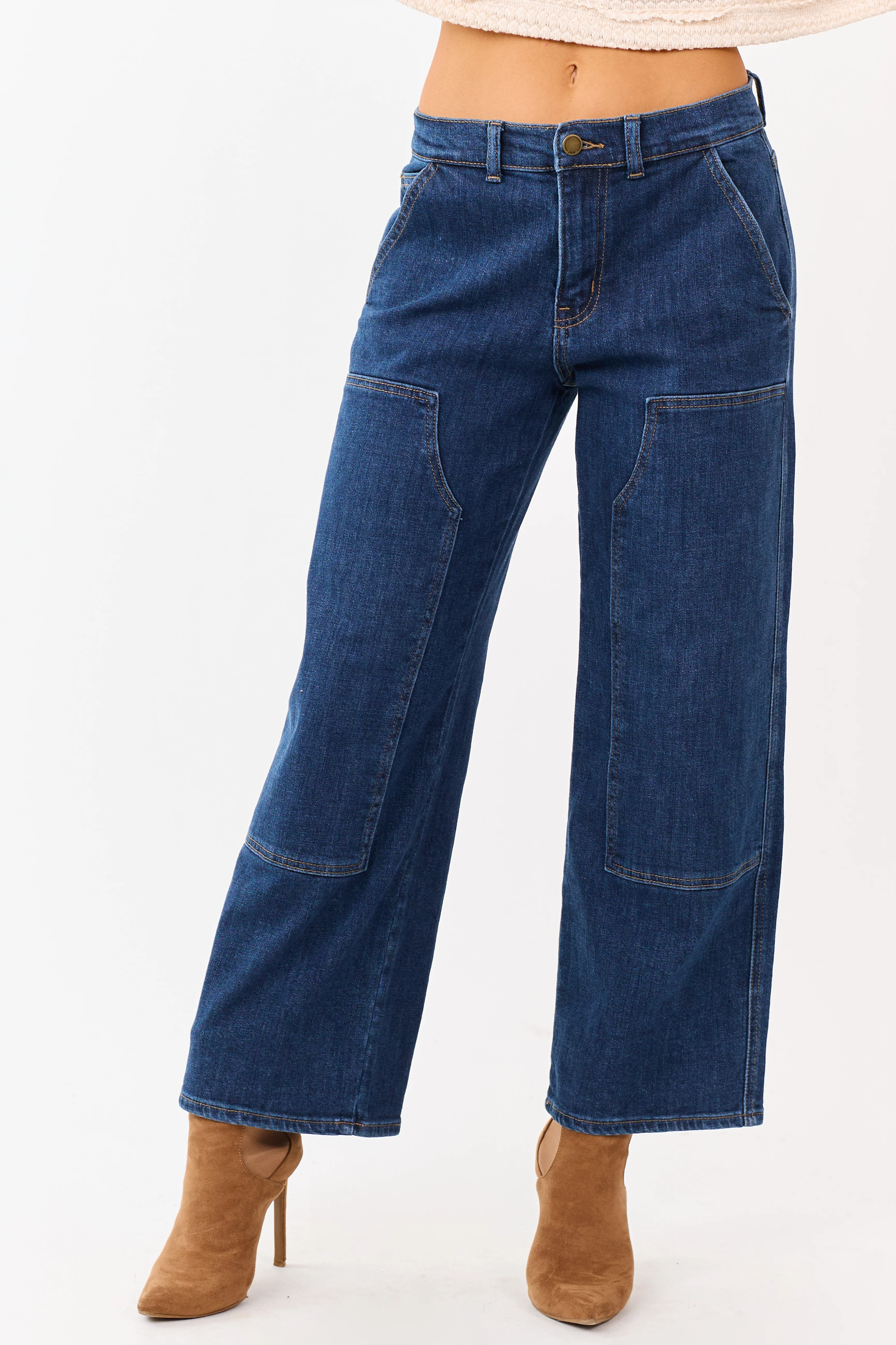 Dark Wash Patch Detail Stretchy Wide Leg Jeans - Image 2
