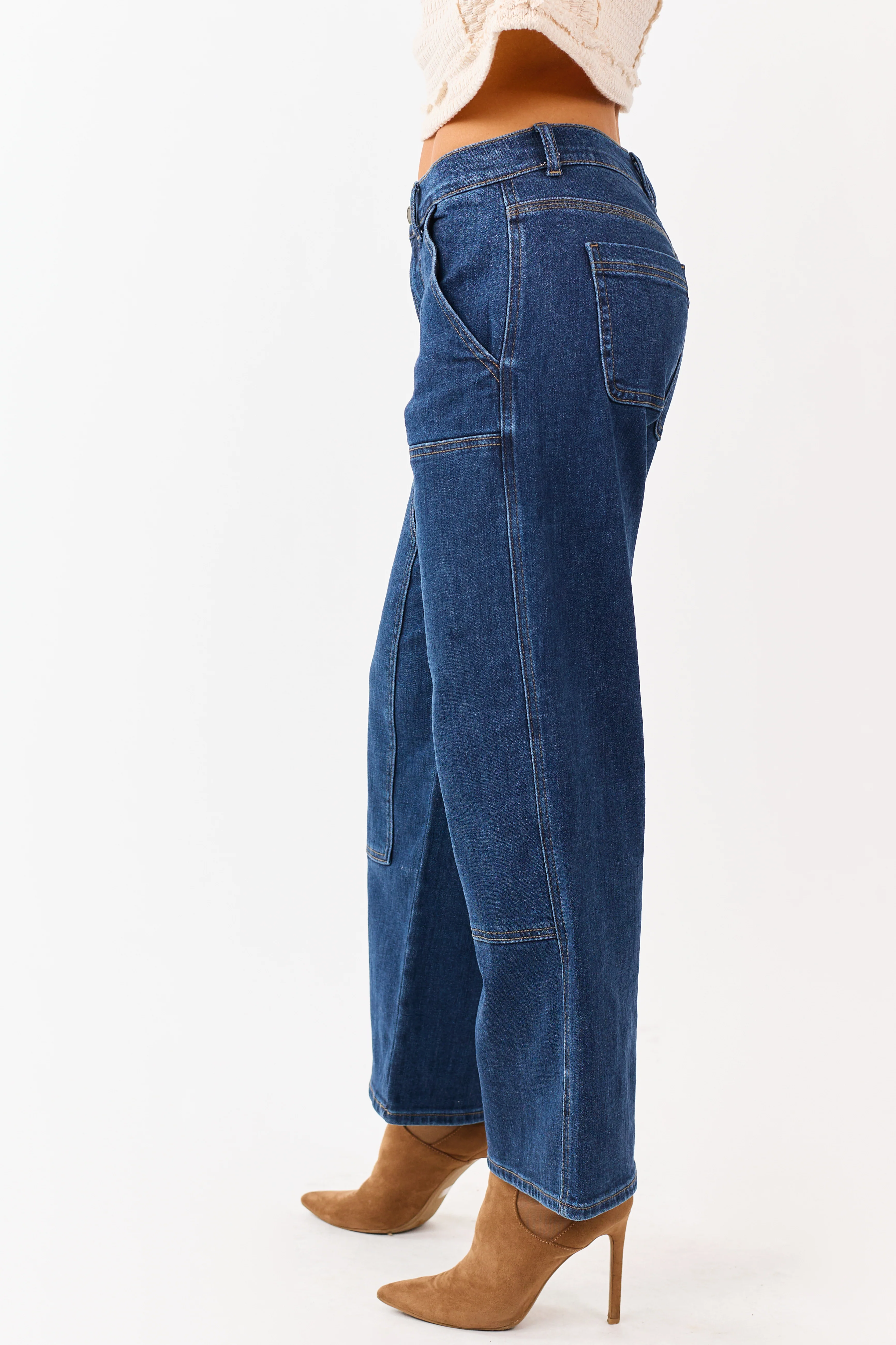 Dark Wash Patch Detail Stretchy Wide Leg Jeans - Image 3