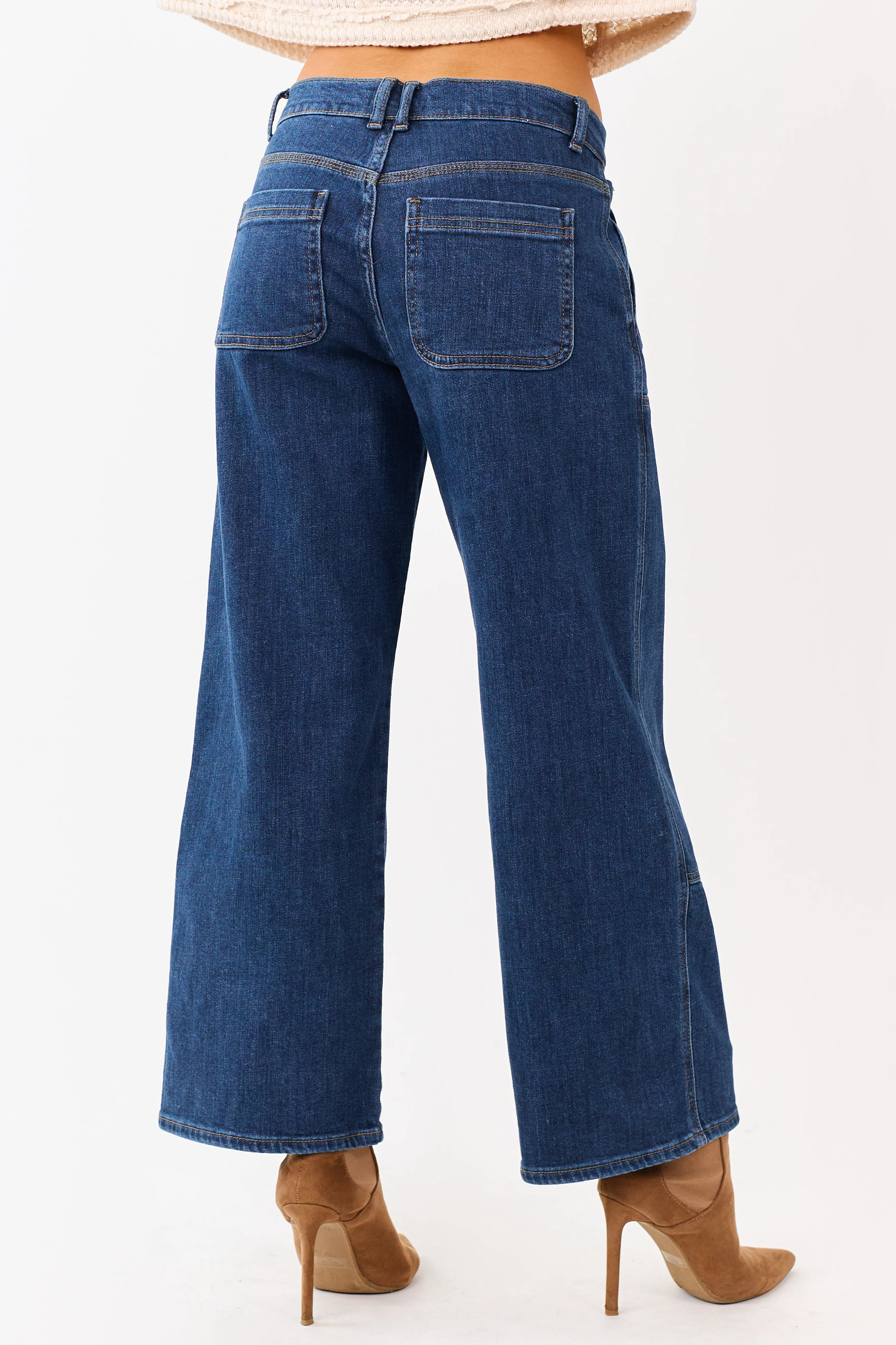 Dark Wash Patch Detail Stretchy Wide Leg Jeans - Image 4